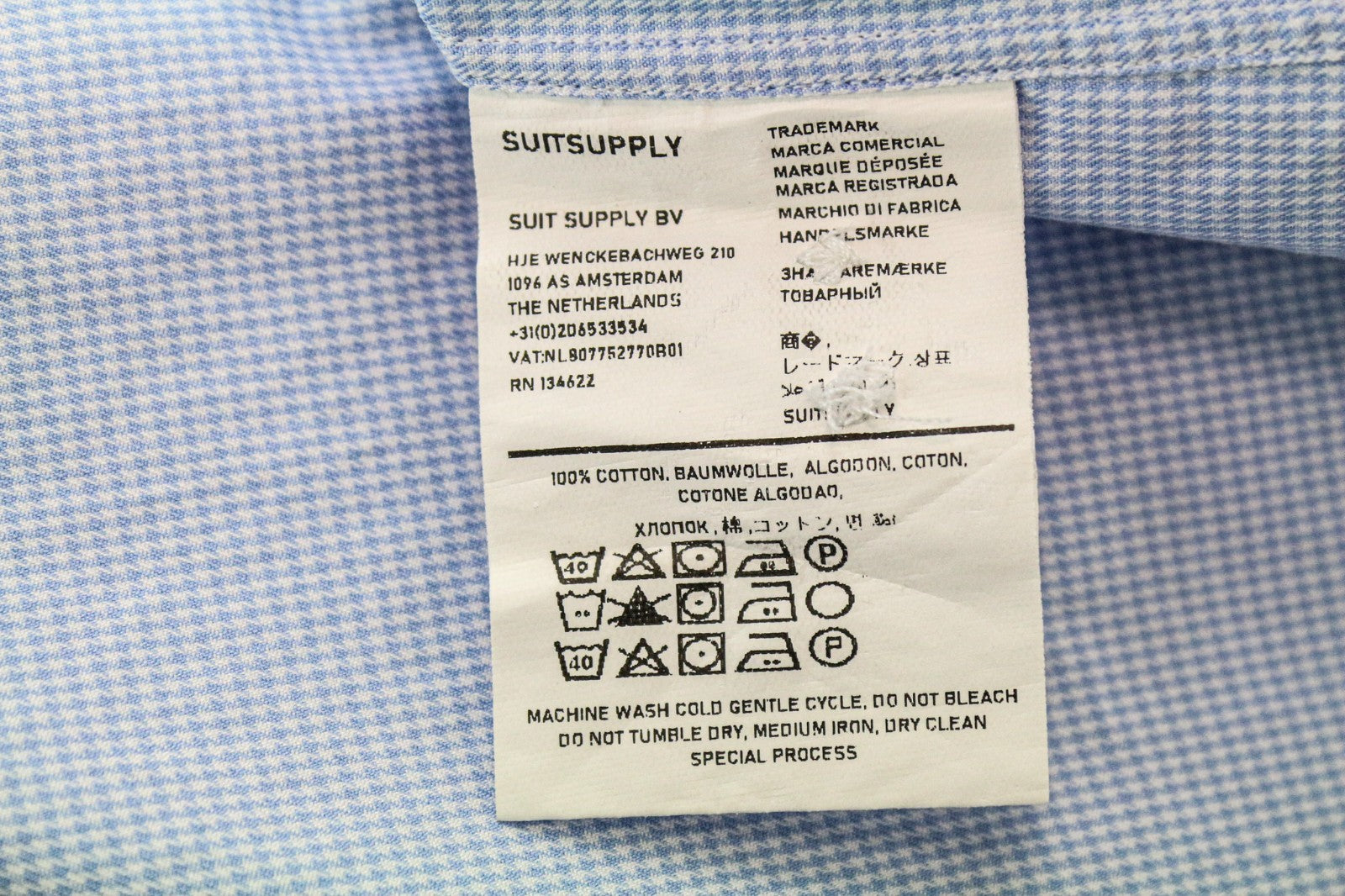 SUITSUPPLY Men's Formal Shirt ~2XS Blue Houndstooth Slim Cotton Melange