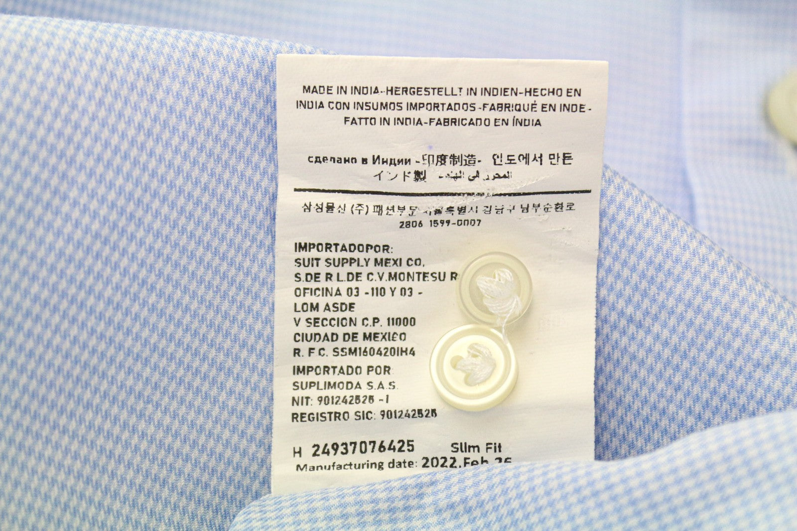 SUITSUPPLY Men's Formal Shirt ~2XS Blue Houndstooth Slim Cotton Melange