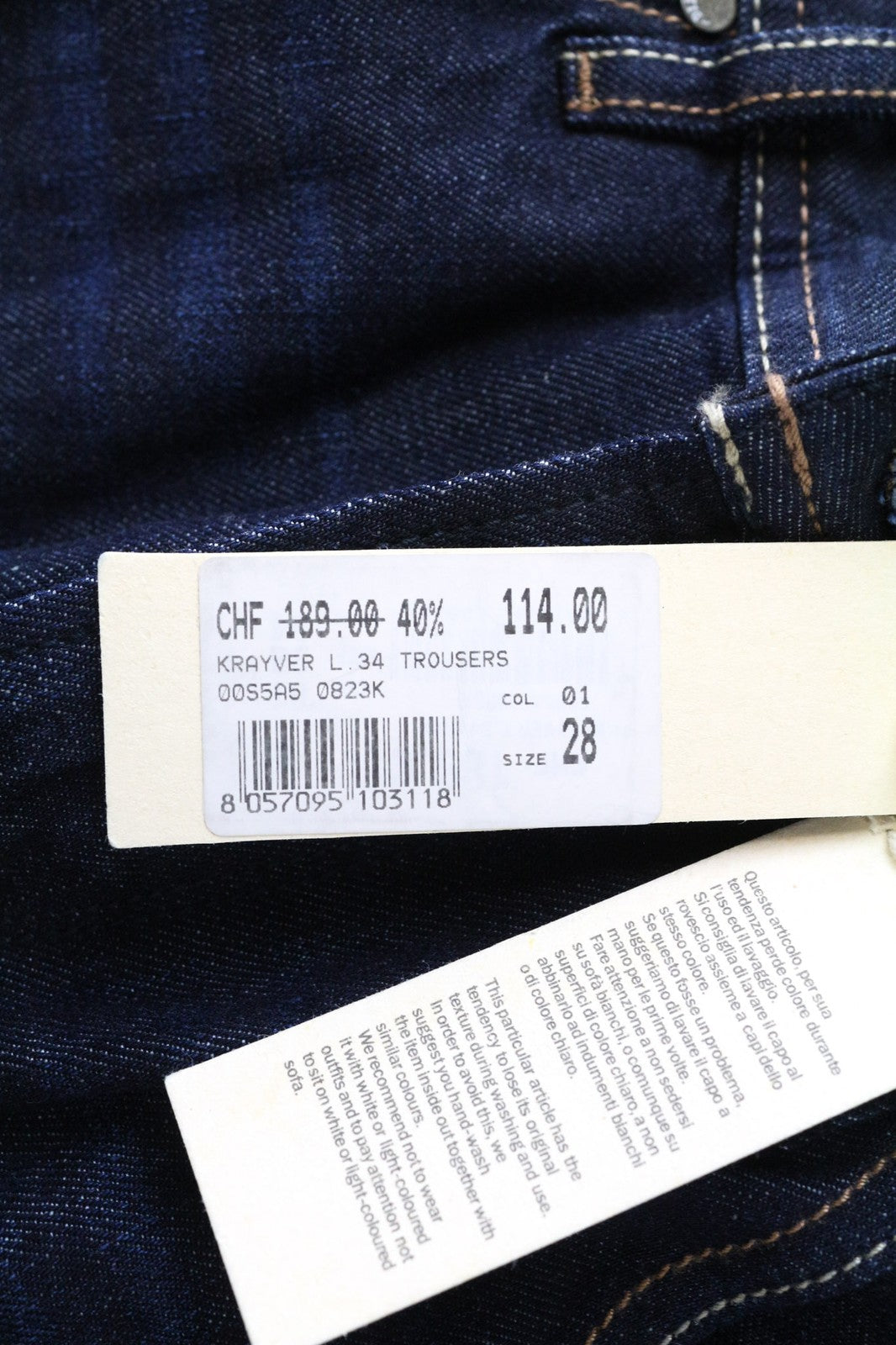 DIESEL Krayver 0823K Men's Slim Carrot Jeans W28/L34 Blue Pure Cotton Denim