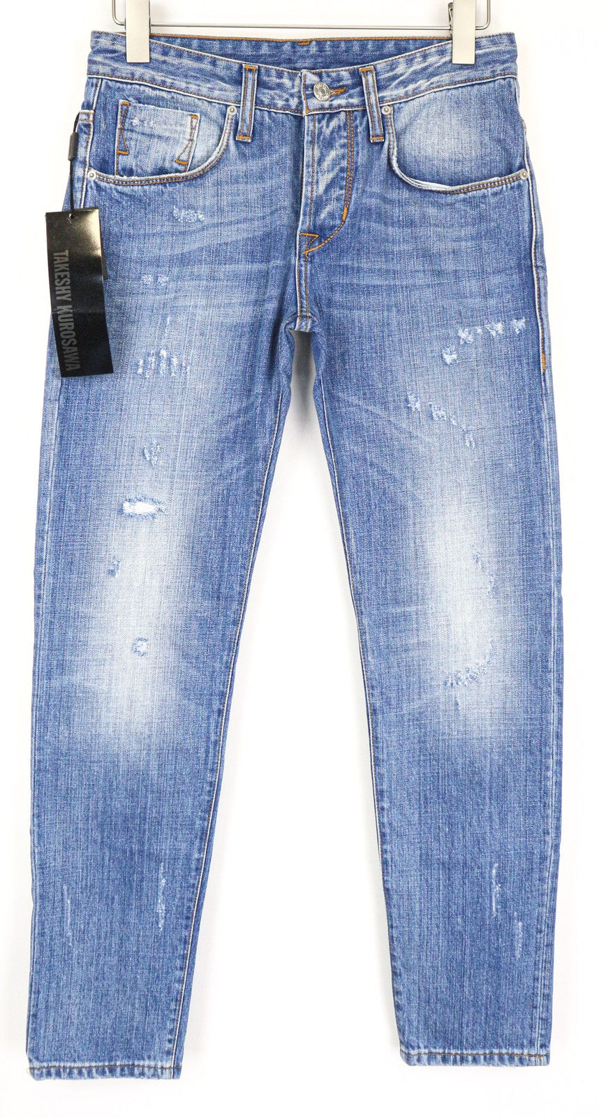 TAKESHY KUROSAWA Men's Slim Jeans W30 Blue Pure Cotton Button Fly Distressed