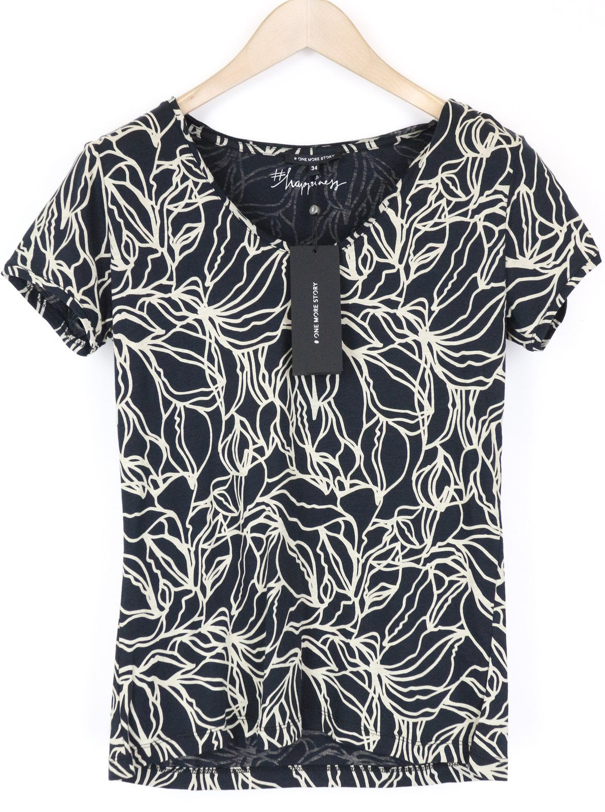 ONE MORE STORY Women's 34 Navy Cotton Blend Short Sleeve Patterned Tee