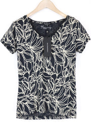 ONE MORE STORY Women's 34 Navy Cotton Blend Short Sleeve Patterned Tee