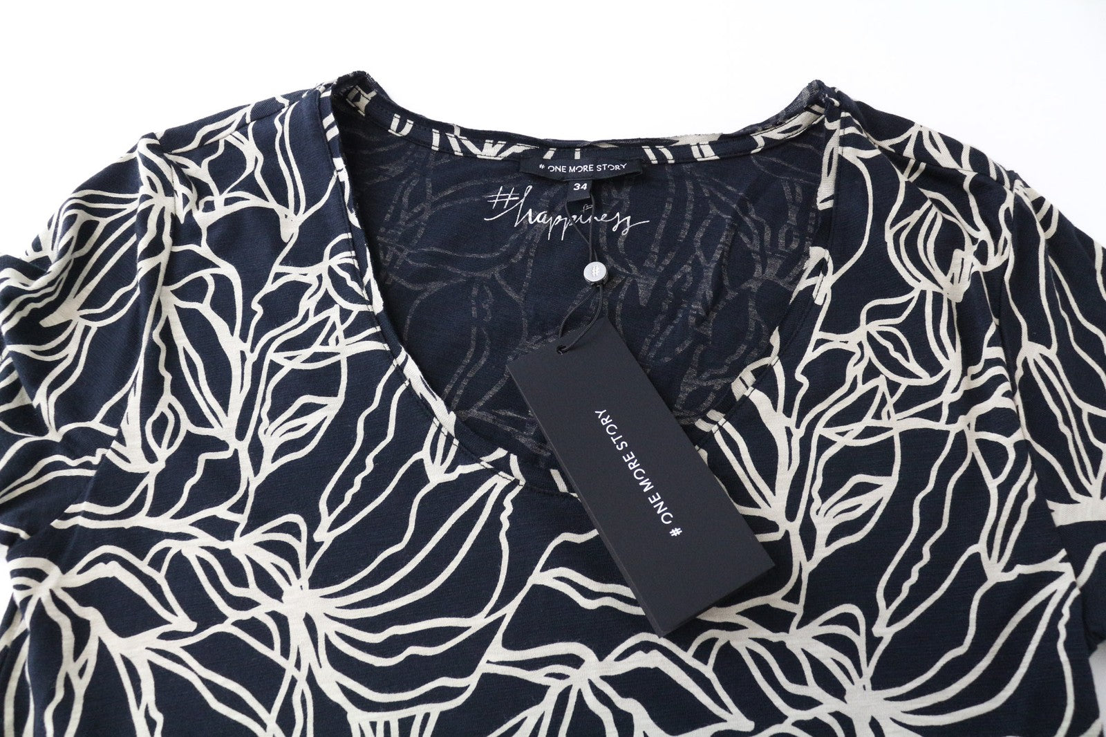 ONE MORE STORY Women's 34 Navy Cotton Blend Short Sleeve Patterned Tee