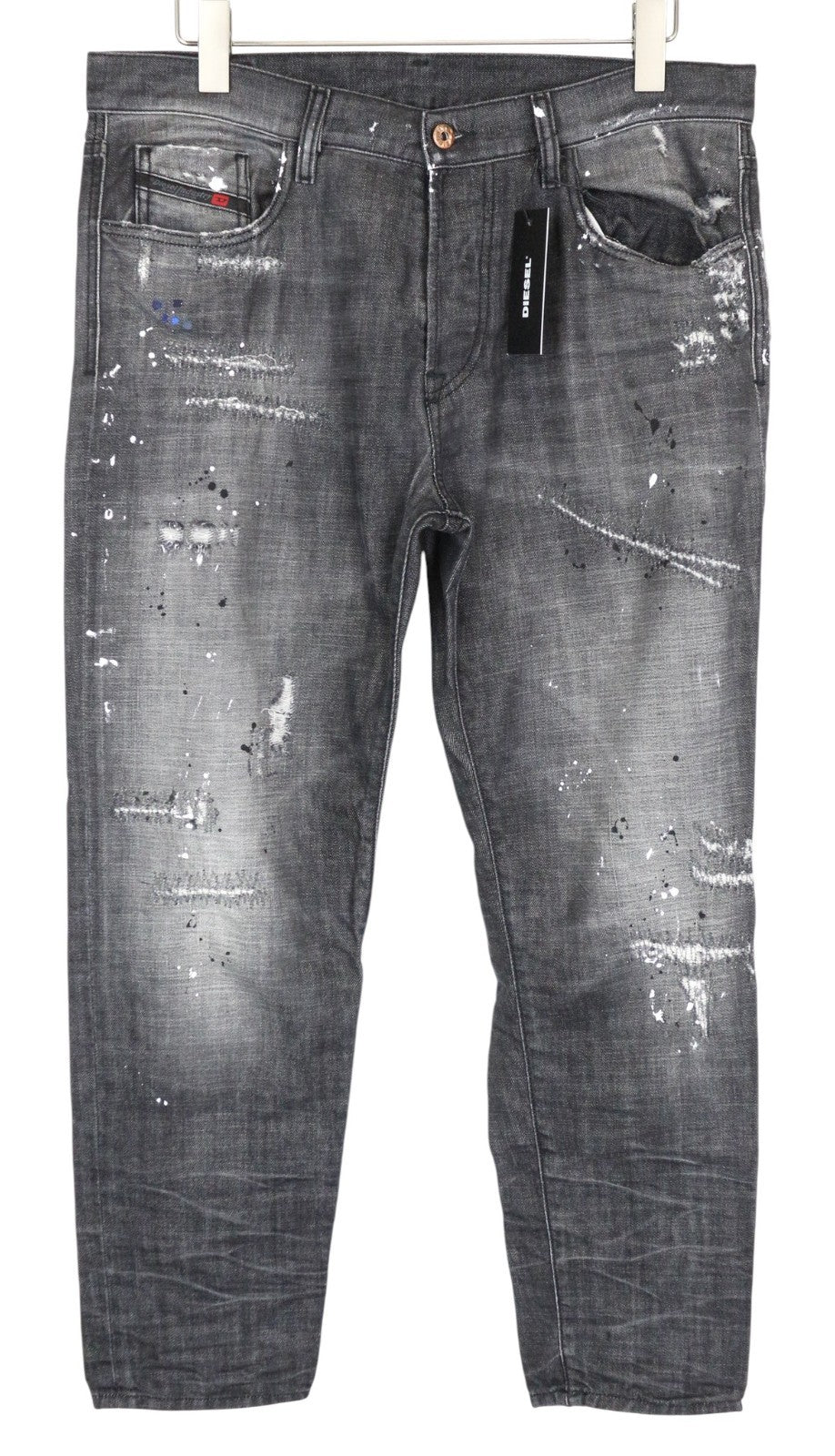 DIESEL Mharky 083AB Men's W34 Slim Skinny Grey Painted Distressed Jeans