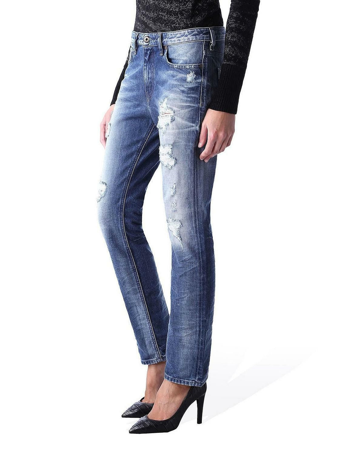 DIESEL Rizzo 0848I Women's W26/L32 Blue Ripped Slim Straight Pure Cotton