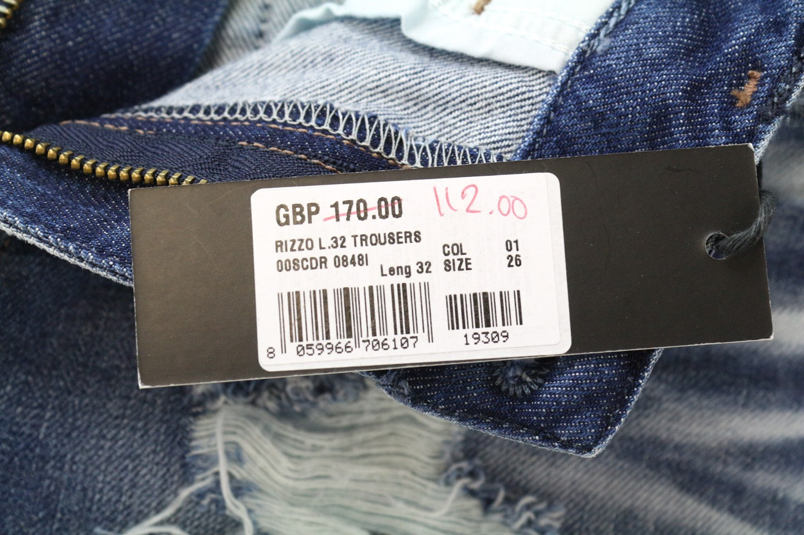 DIESEL Rizzo 0848I Women's W26/L32 Blue Ripped Slim Straight Pure Cotton