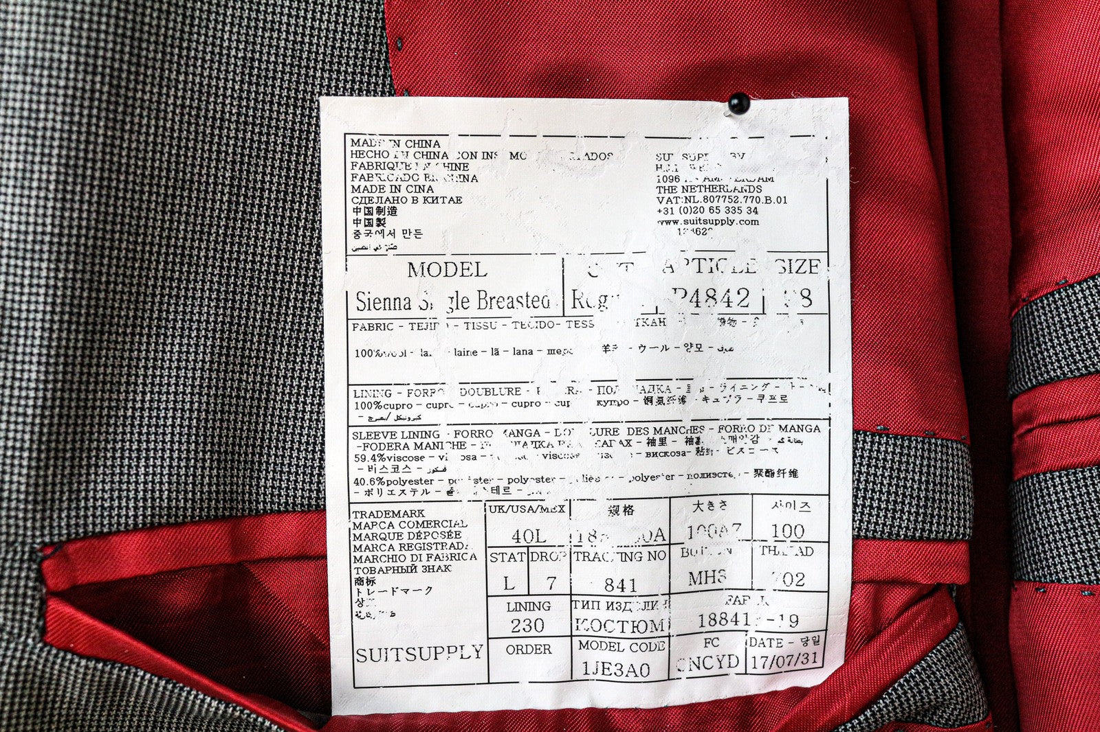 SUITSUPPLY Sienna Men's UK40L Grey Wool Patterned Single-Breasted Blazer