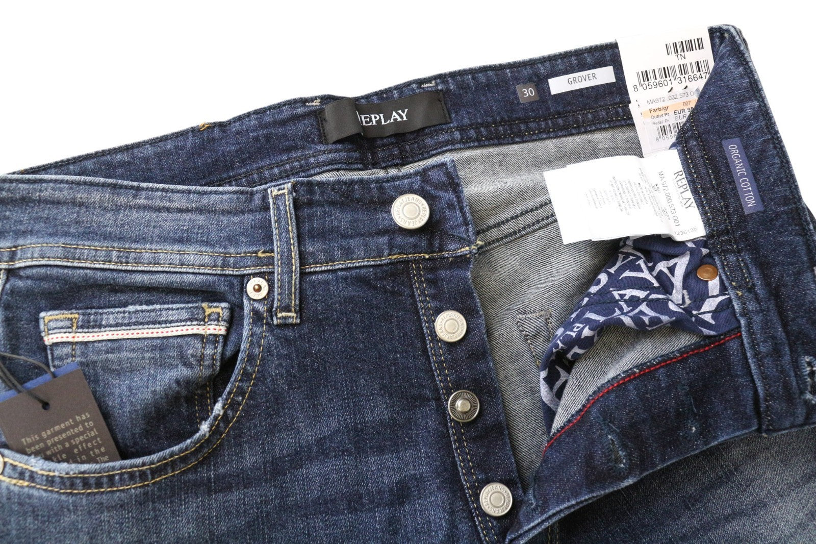 REPLAY Grover Men's W30/L32 Straight Blue Stretch Cotton Casual Jeans