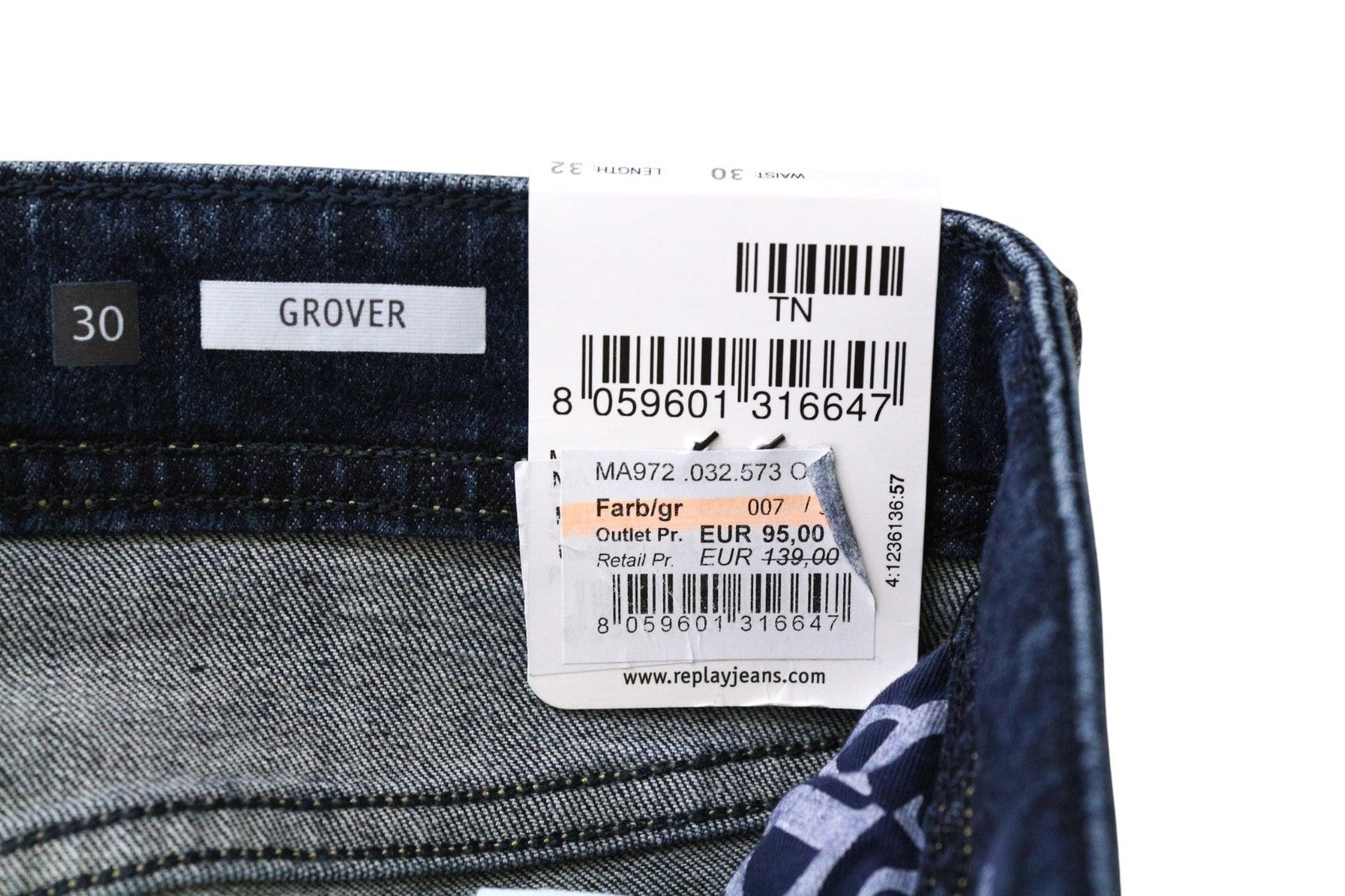 REPLAY Grover Men's W30/L32 Straight Blue Stretch Cotton Casual Jeans