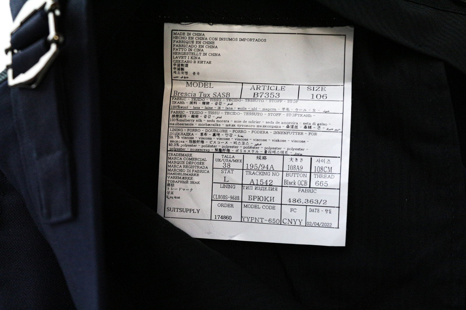 SUITSUPPLY Brescia Tux Men's Trousers UK38L Wool Dark Blue Lined Classic Pants