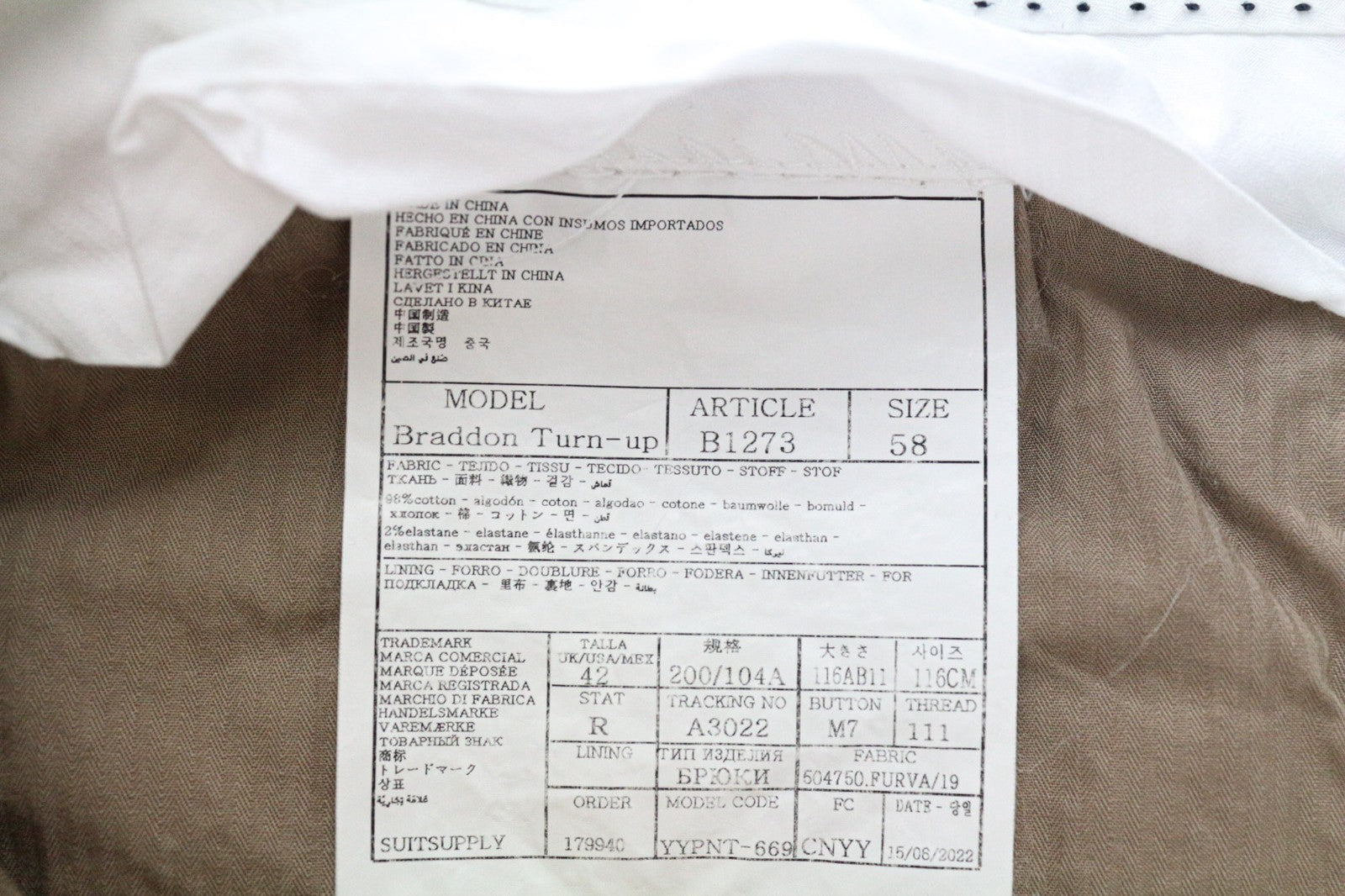 SUITSUPPLY Braddon Men's Pants UK42R Off-White Cotton Stretch Turn-Up Hem