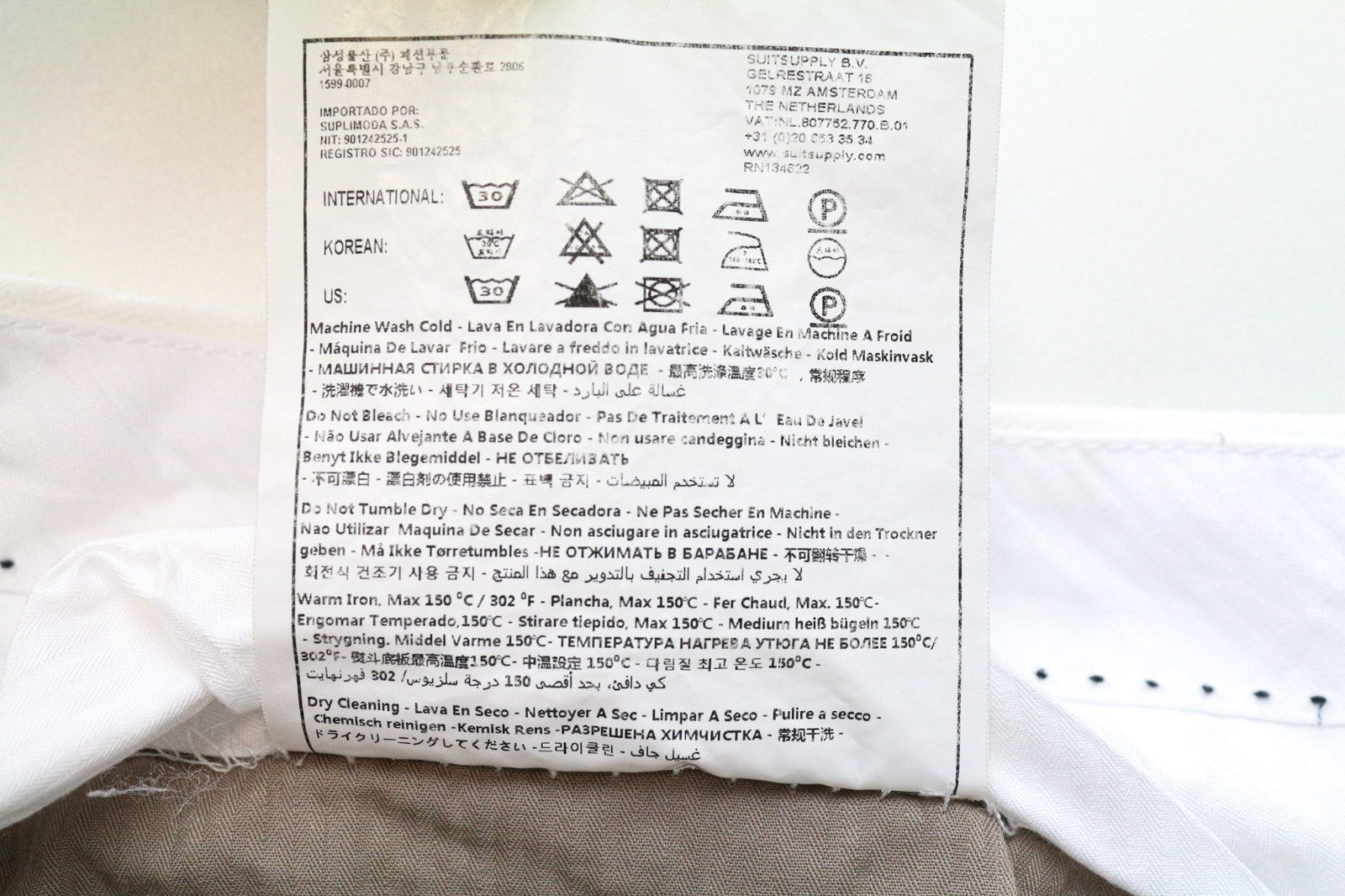 SUITSUPPLY Braddon Men's Pants UK42R Off-White Cotton Stretch Turn-Up Hem