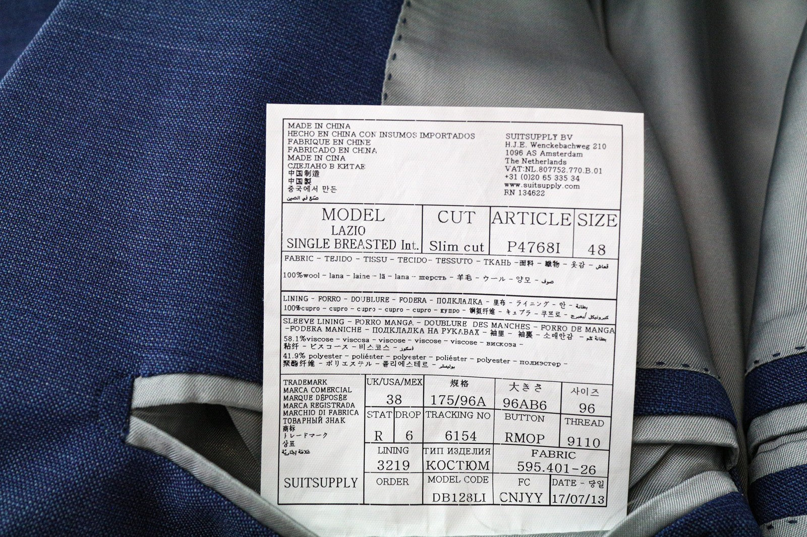 SUITSUPPLY Lazio Men's Suit UK38R Blue Pure Wool Slim 2Pc Super 110s Fabric