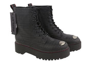 REPLAY Women Boots EU40 Black Ortholite Croc Pattern Platform Sole Ankle Top