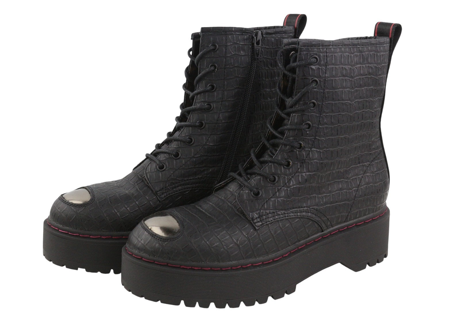 REPLAY Women Boots EU40 Black Ortholite Croc Pattern Platform Sole Ankle Top