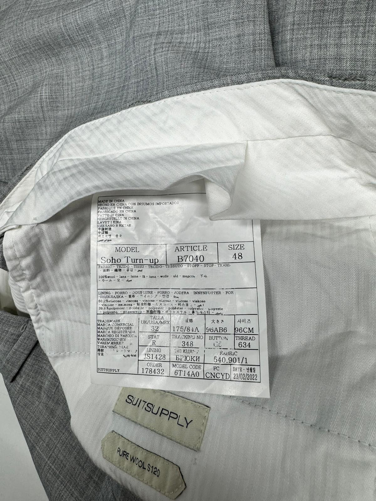 SUITSUPPLY Soho Turn-Up Men Trousers UK32R Grey Melange Pure Wool Super S120