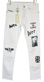 DIESEL Theppar Men's Jeans W28 White Cotton Stretch Patched Stained Design