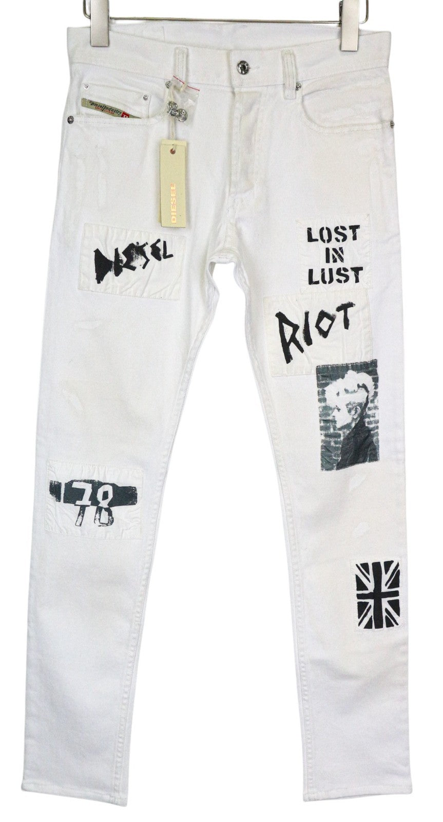 DIESEL Theppar Men's Jeans W28 White Cotton Stretch Patched Stained Design