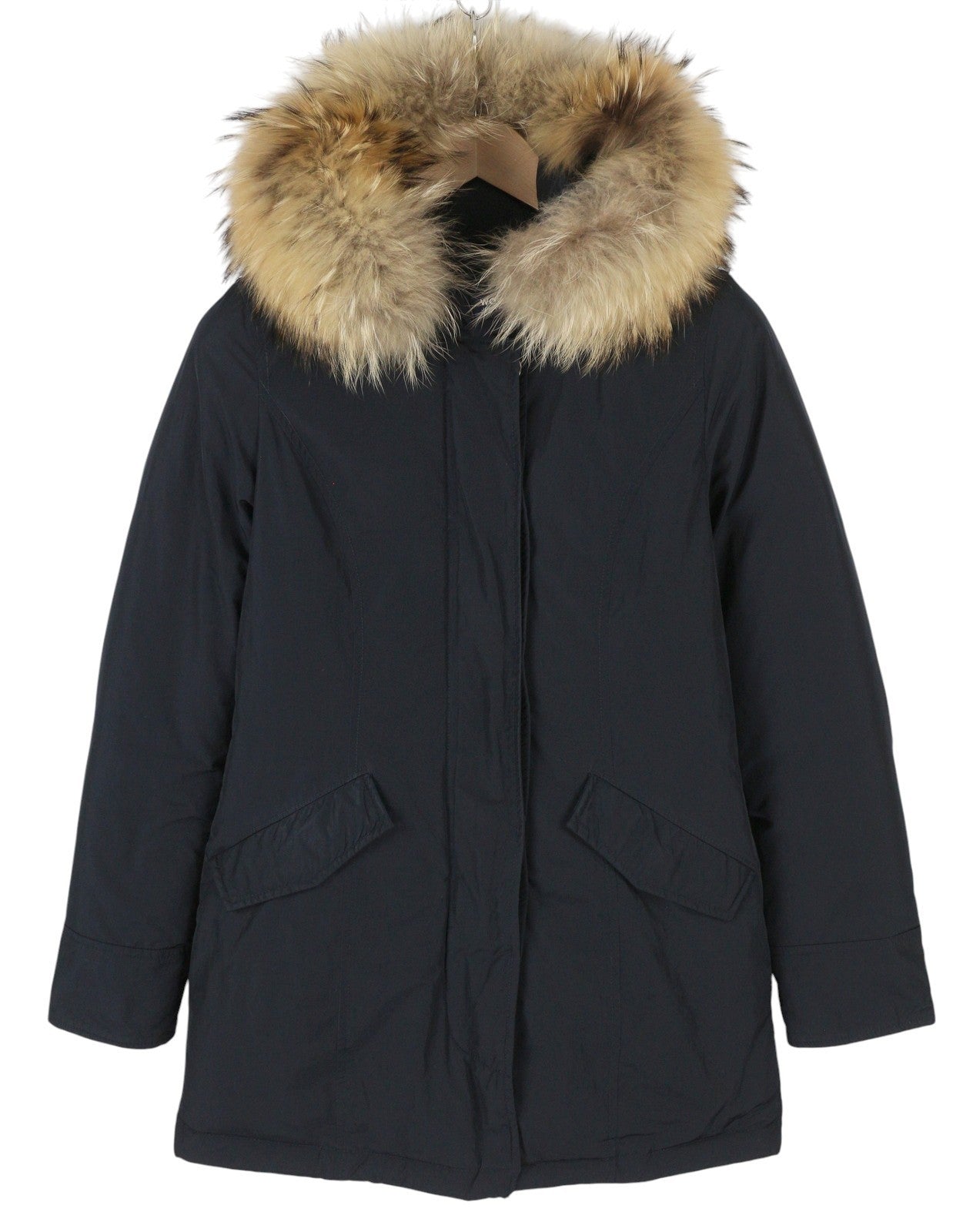 WOOLRICH Women Jacket XS Dark Blue Duck Down Filled Real Fur Hooded Full Zip