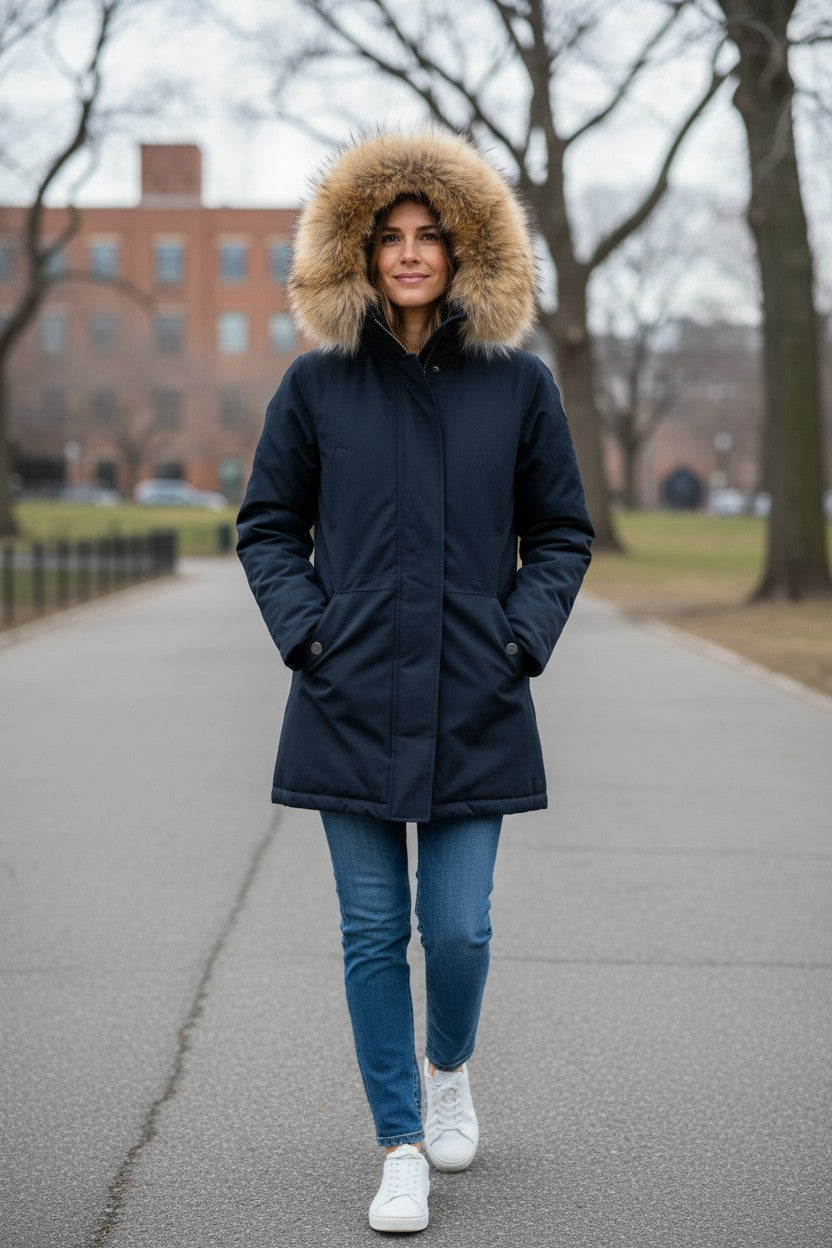 WOOLRICH Women Jacket XS Dark Blue Duck Down Filled Real Fur Hooded Full Zip