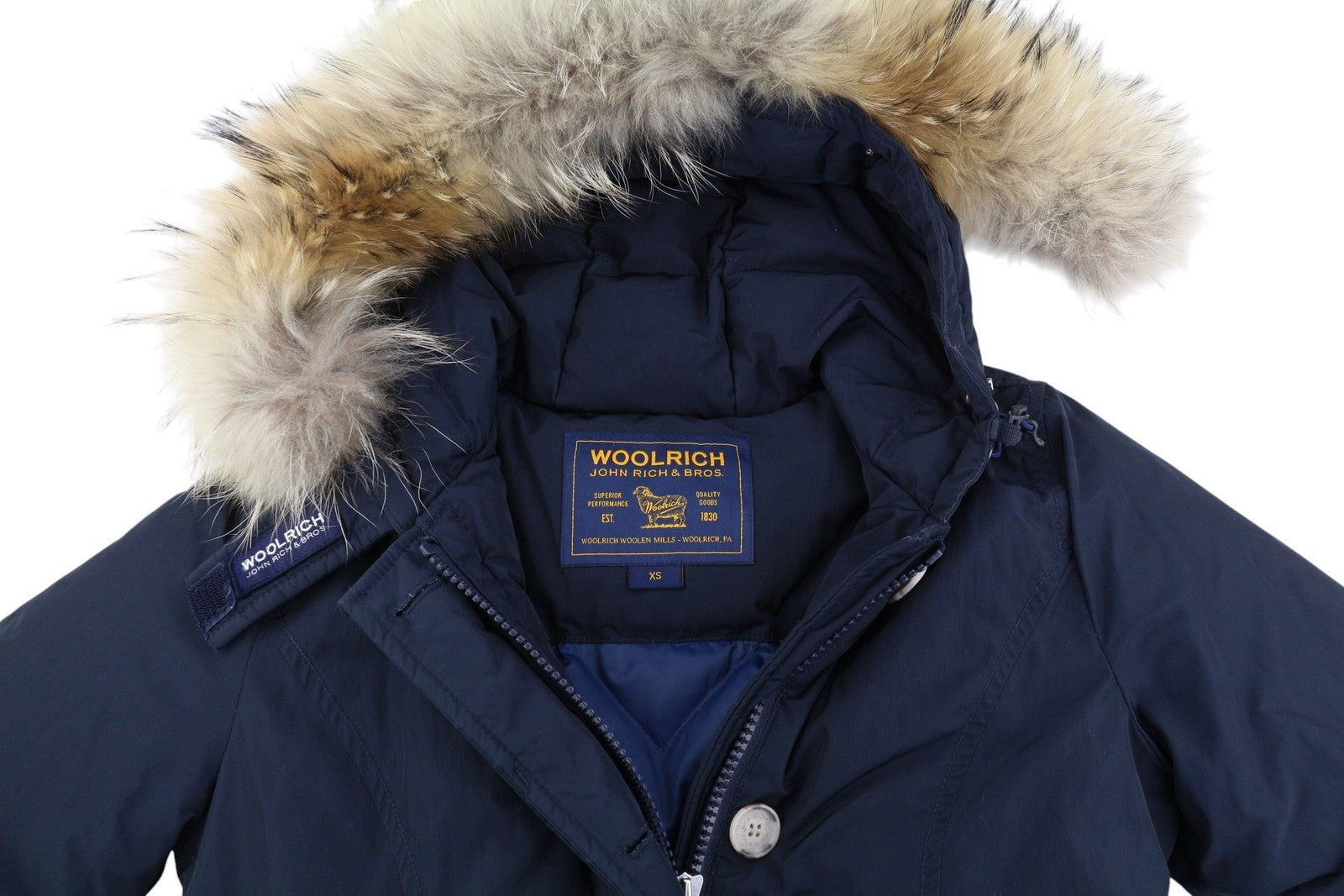 WOOLRICH Women Jacket XS Dark Blue Duck Down Filled Real Fur Hooded Full Zip