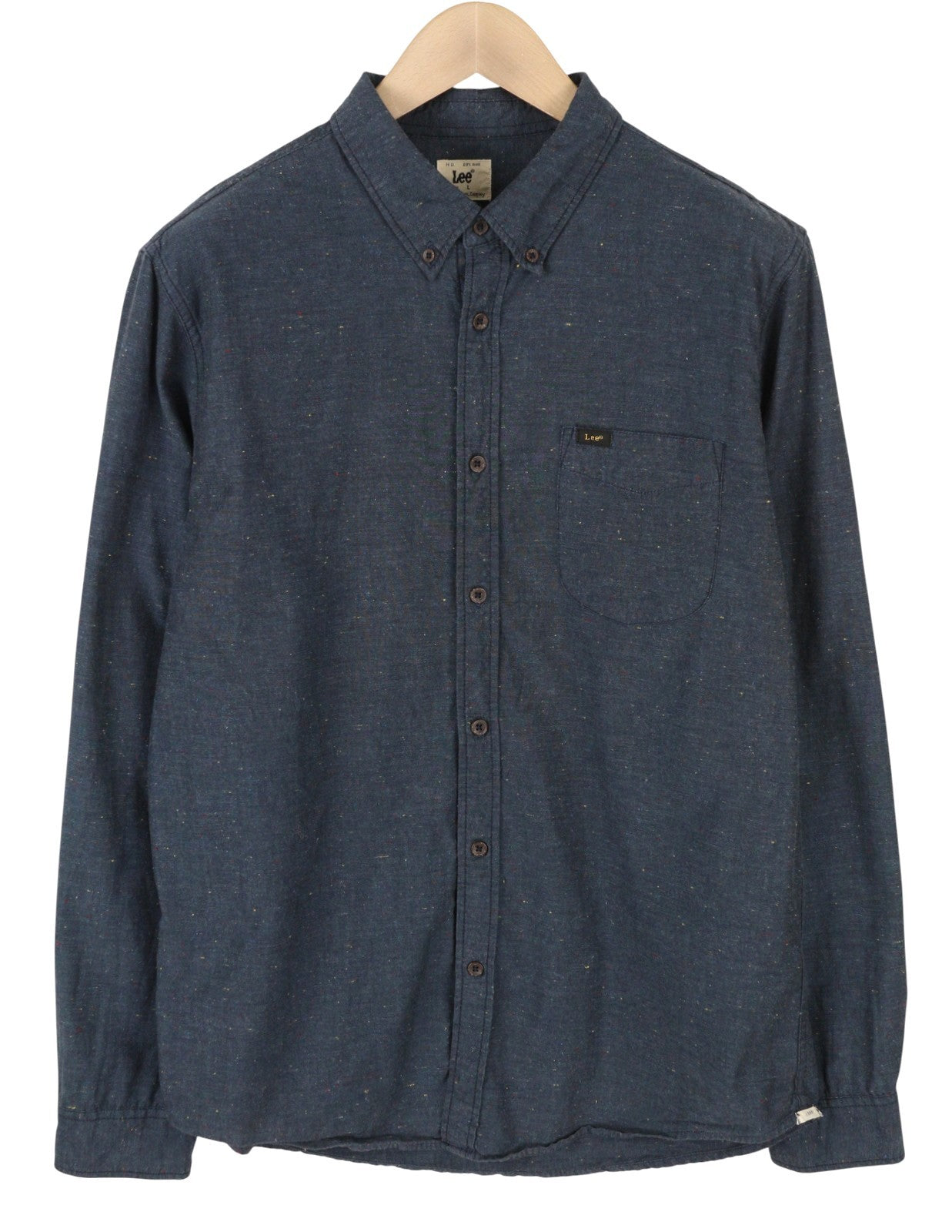 LEE Button Down Men Shirt L Dark Blue Patterned Patch Pocket Front Logo Casual