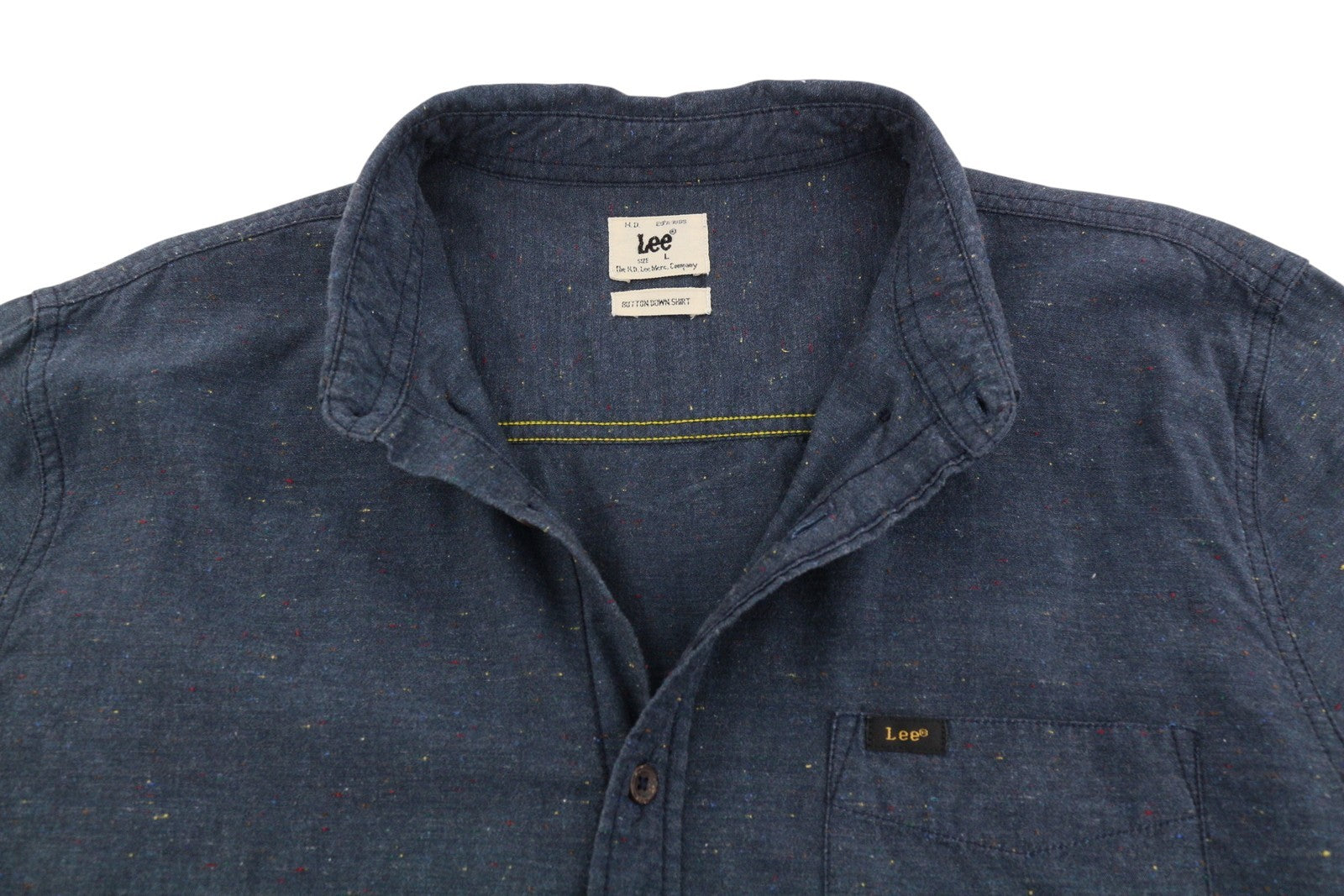 LEE Button Down Men Shirt L Dark Blue Patterned Patch Pocket Front Logo Casual