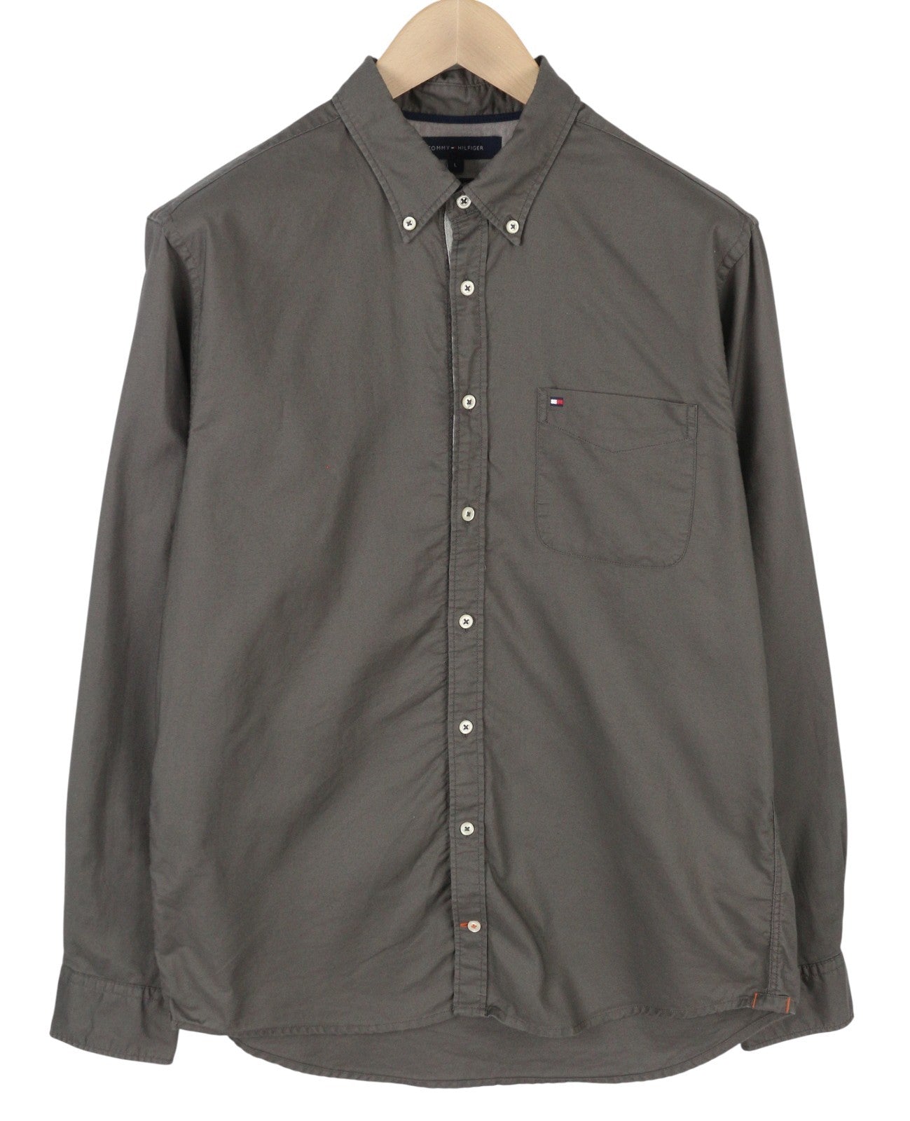 TOMMY HILFIGER New York Fit Men Shirt L Dark Grey Button-Down Neck Logo Casual