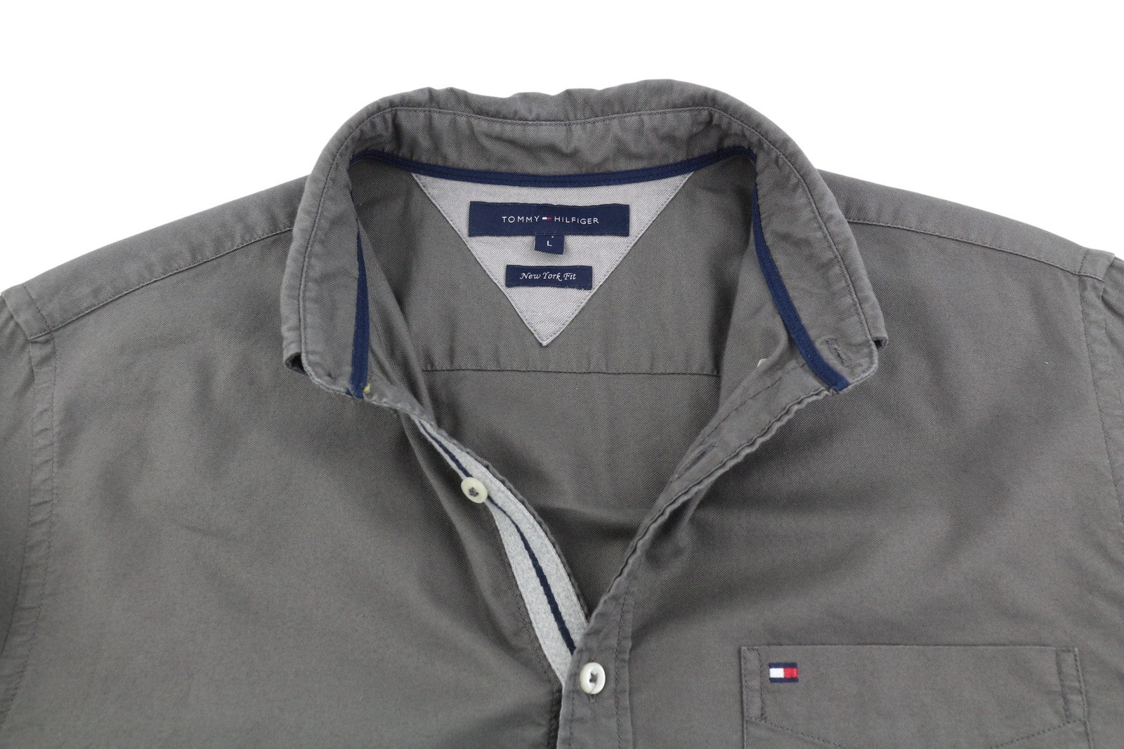 TOMMY HILFIGER New York Fit Men Shirt L Dark Grey Button-Down Neck Logo Casual