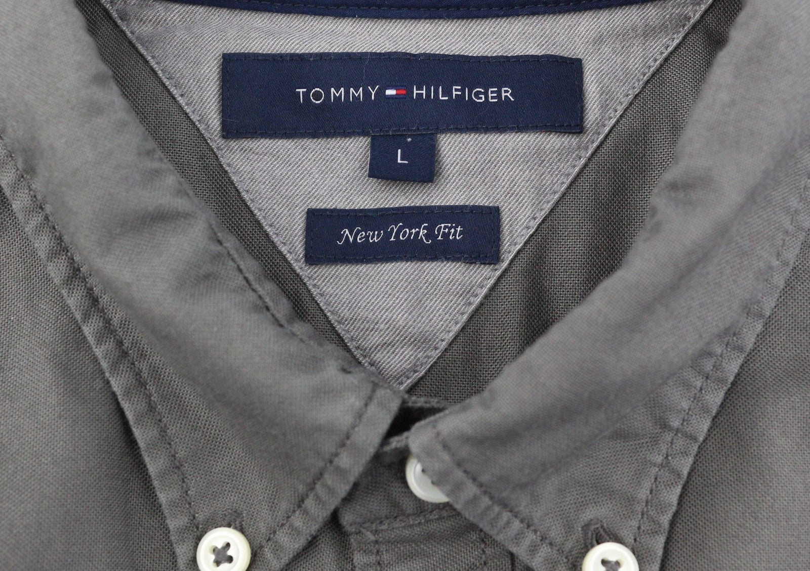 TOMMY HILFIGER New York Fit Men Shirt L Dark Grey Button-Down Neck Logo Casual
