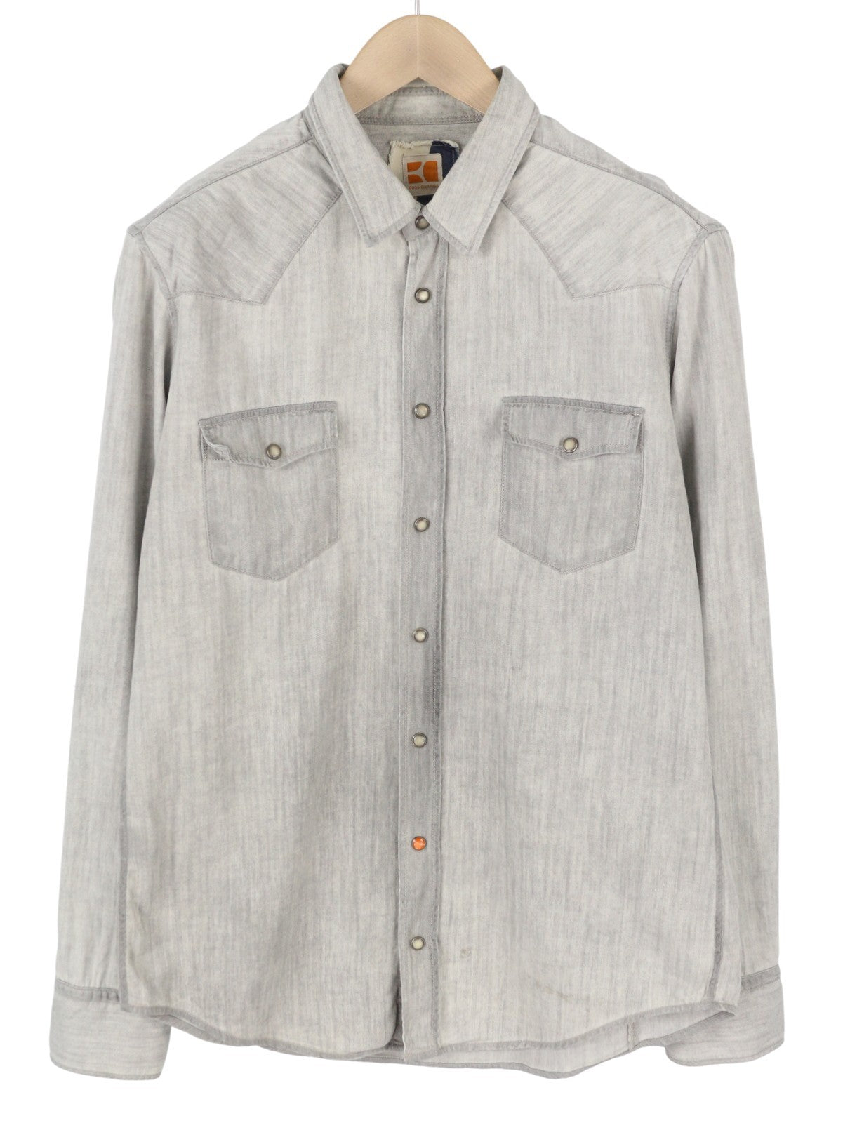 HUGO BOSS EdaE Men Shirt L Light Grey Faded Snap Buttons Spread Neck Western