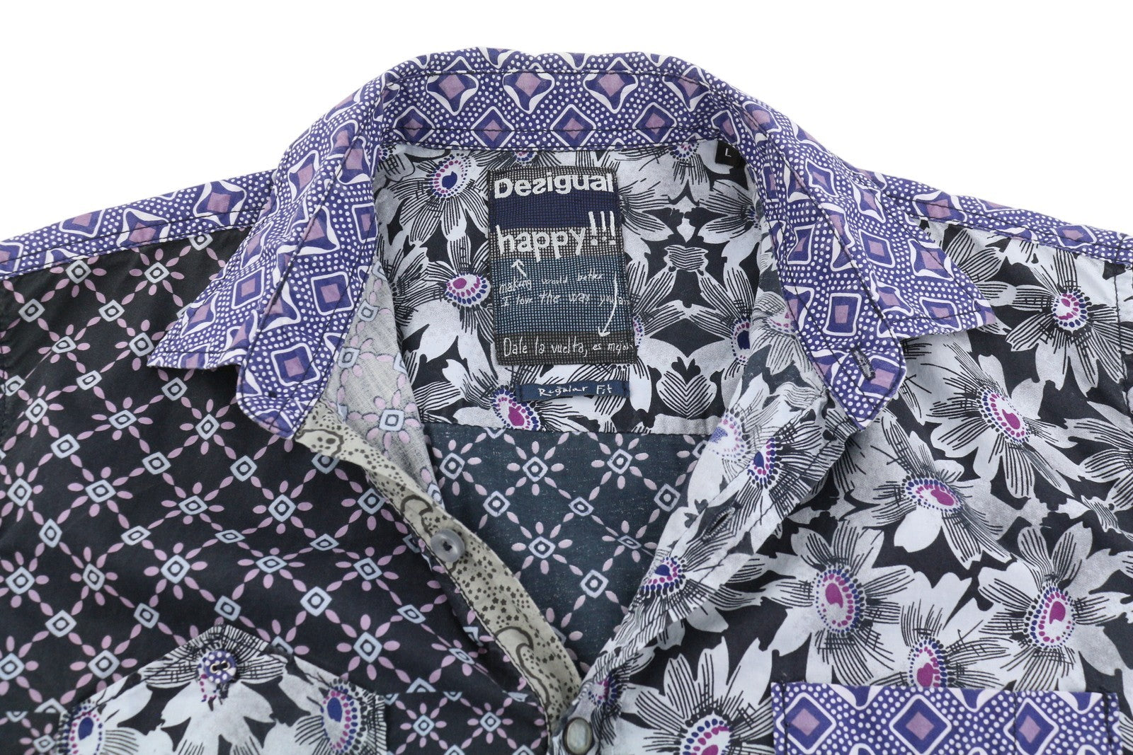 DESIGUAL Men Shirt L Casual Patterned Button-Up Spread Neck Pockets Regular Fit
