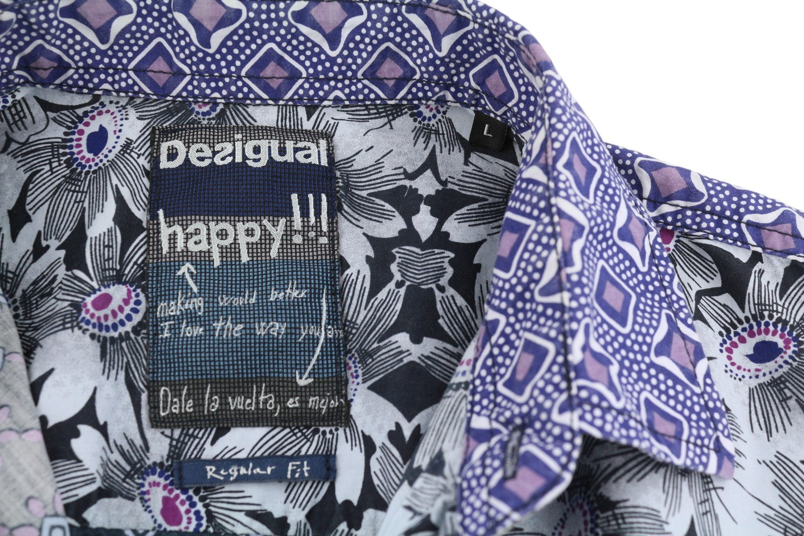 DESIGUAL Men Shirt L Casual Patterned Button-Up Spread Neck Pockets Regular Fit