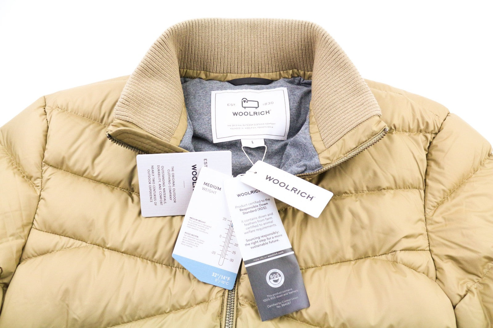 WOOLRICH Sundance Down Men's Jacket L Brown Quilted Padded Zip High Neck