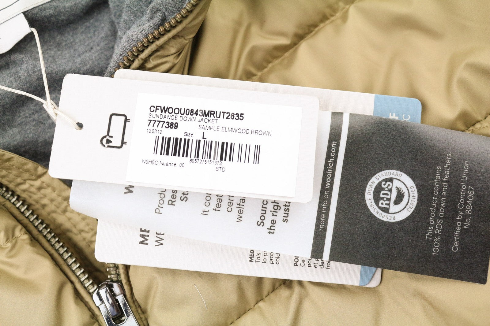 WOOLRICH Sundance Down Men's Jacket L Brown Quilted Padded Zip High Neck