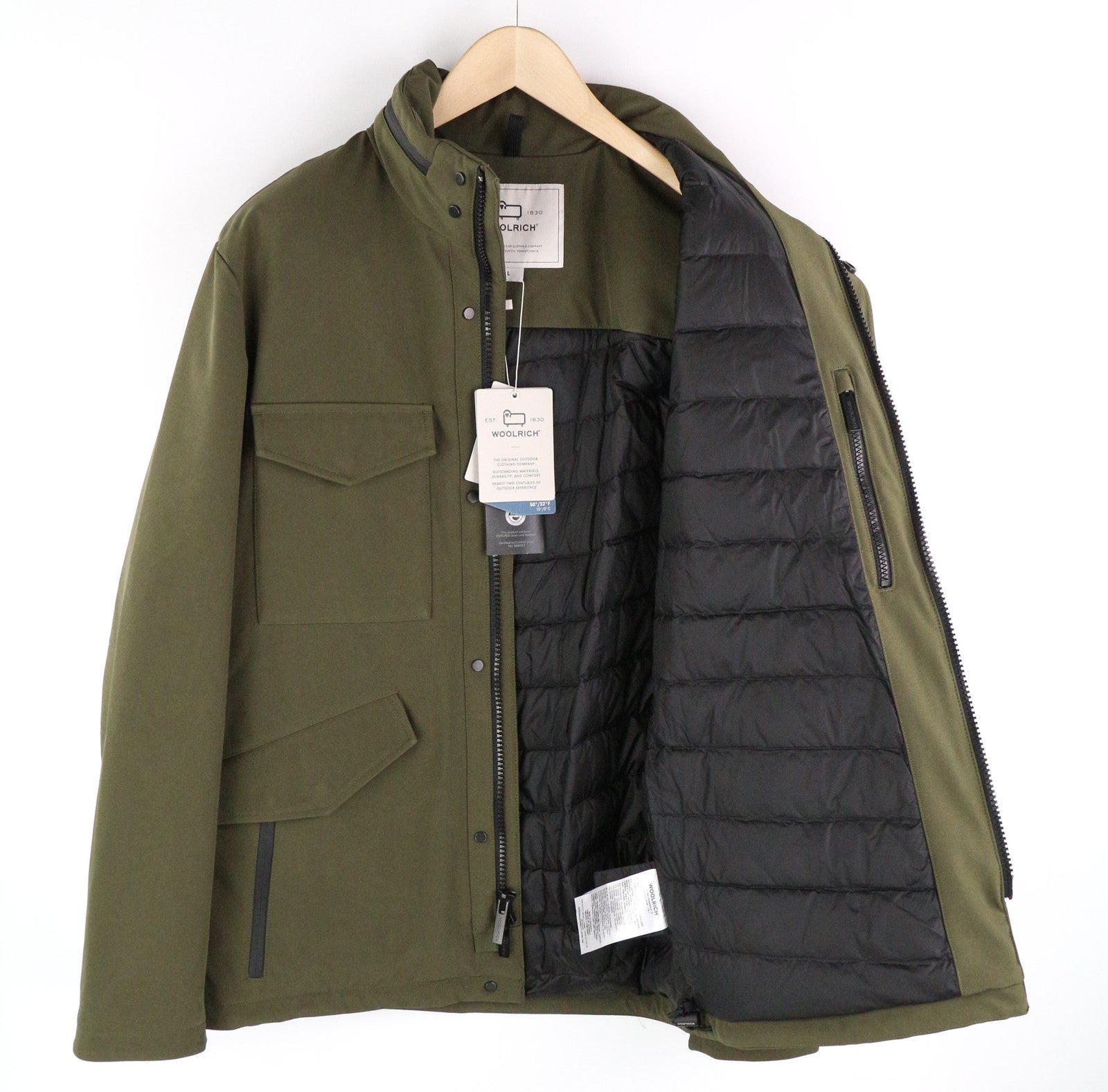 WOOLRICH Soft Shell Field Men's Jacket L Padded Down Lined High Hidden Hood