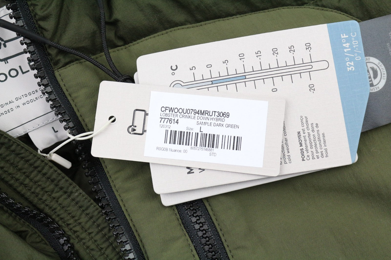 WOOLRICH Lobster Crinkle Down Hybrid Men's Jacket L Hooded Lined Padded