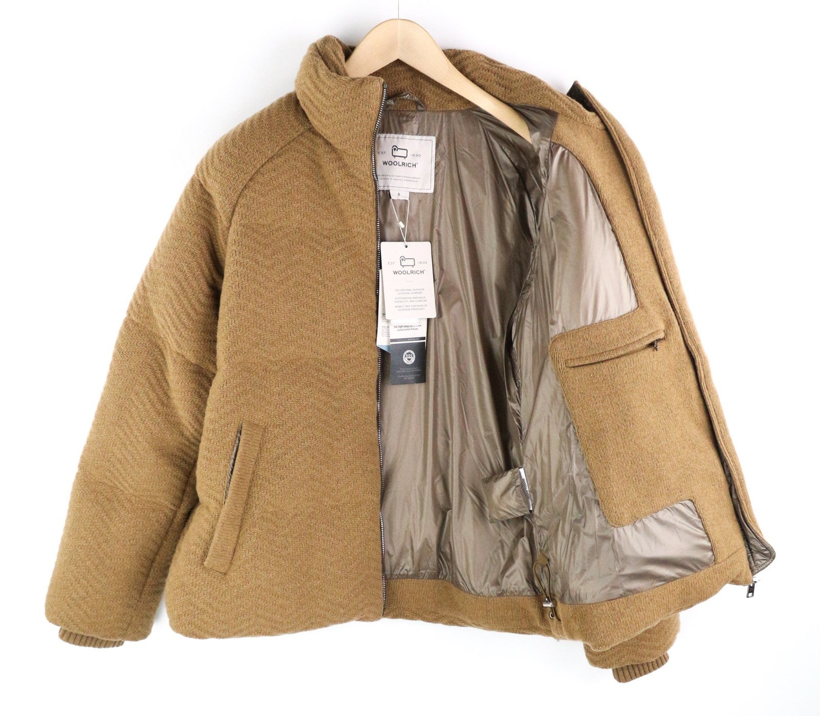 WOOLRICH Knitted Puffer Women's Jacket S Wool Blend Camel Padded Lined