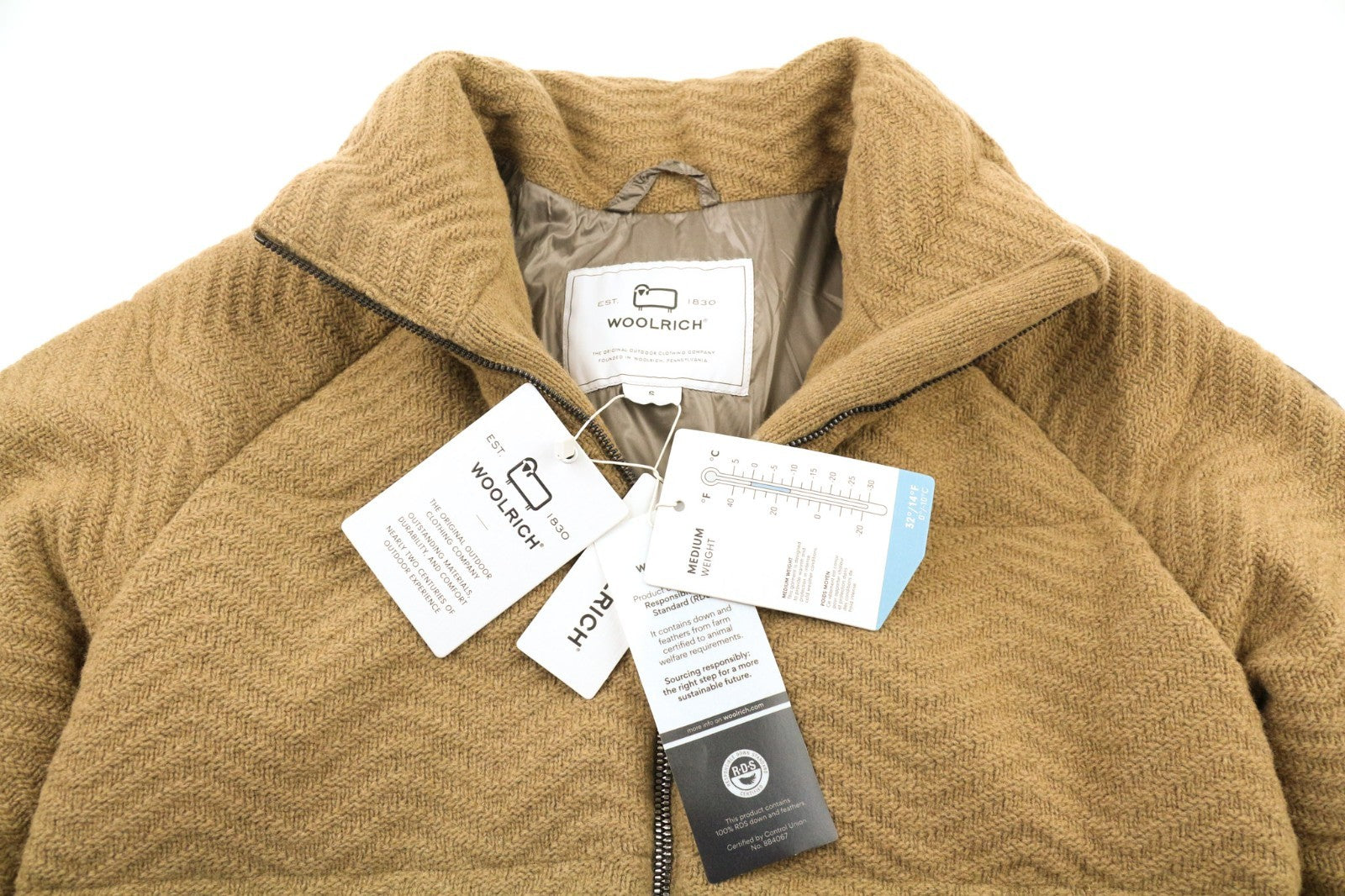 WOOLRICH Knitted Puffer Women's Jacket S Wool Blend Camel Padded Lined