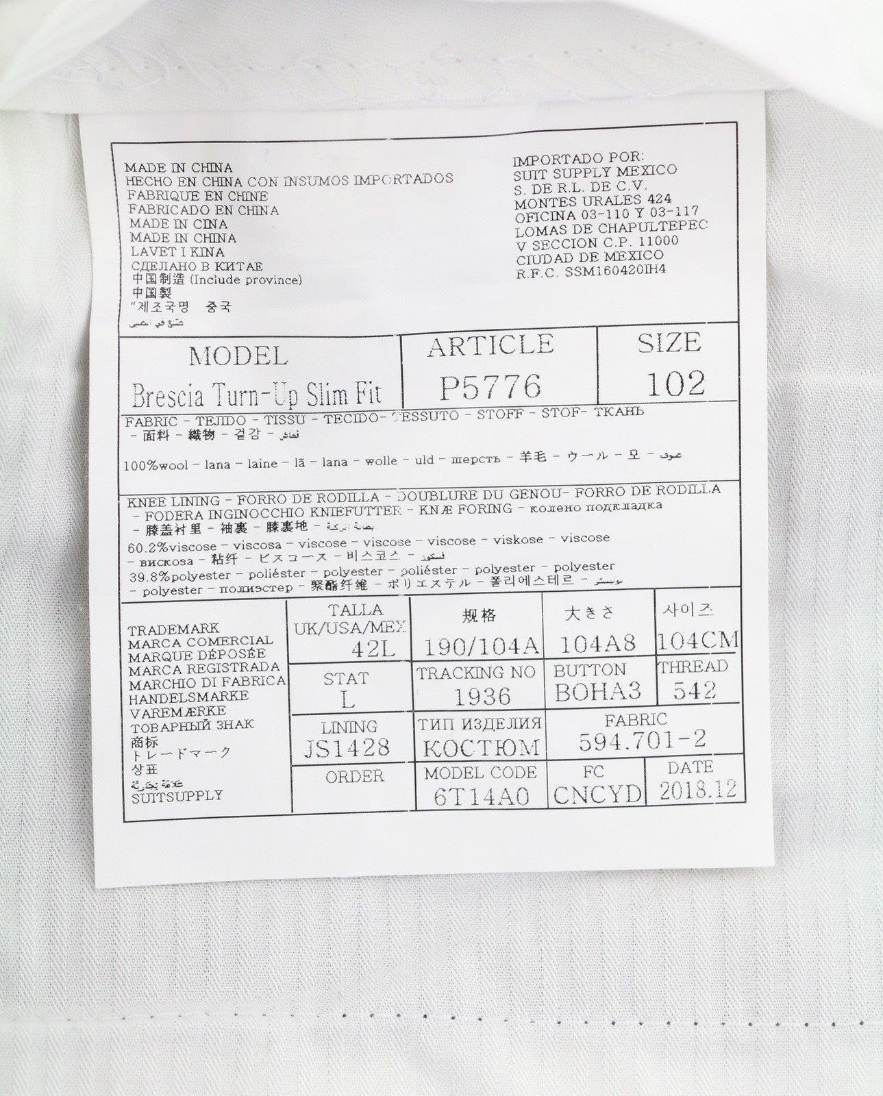 SUITSUPPLY Brescia Turn-Up Slim Fit Men Trousers UK42L Grey Pure Wool Tapered