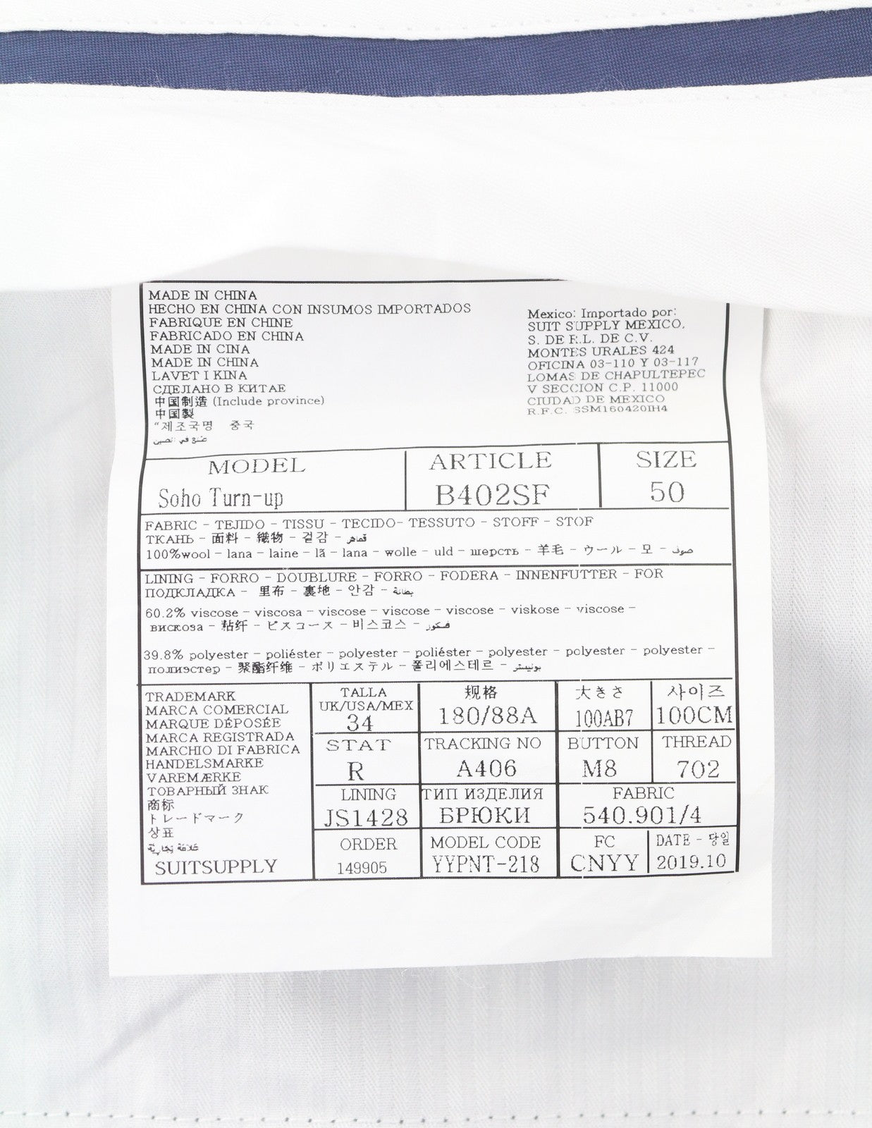 SUITSUPPLY Soho Turn-Up Men Trousers UK34R Grey Pure Wool S120 Tapered Fit Zip