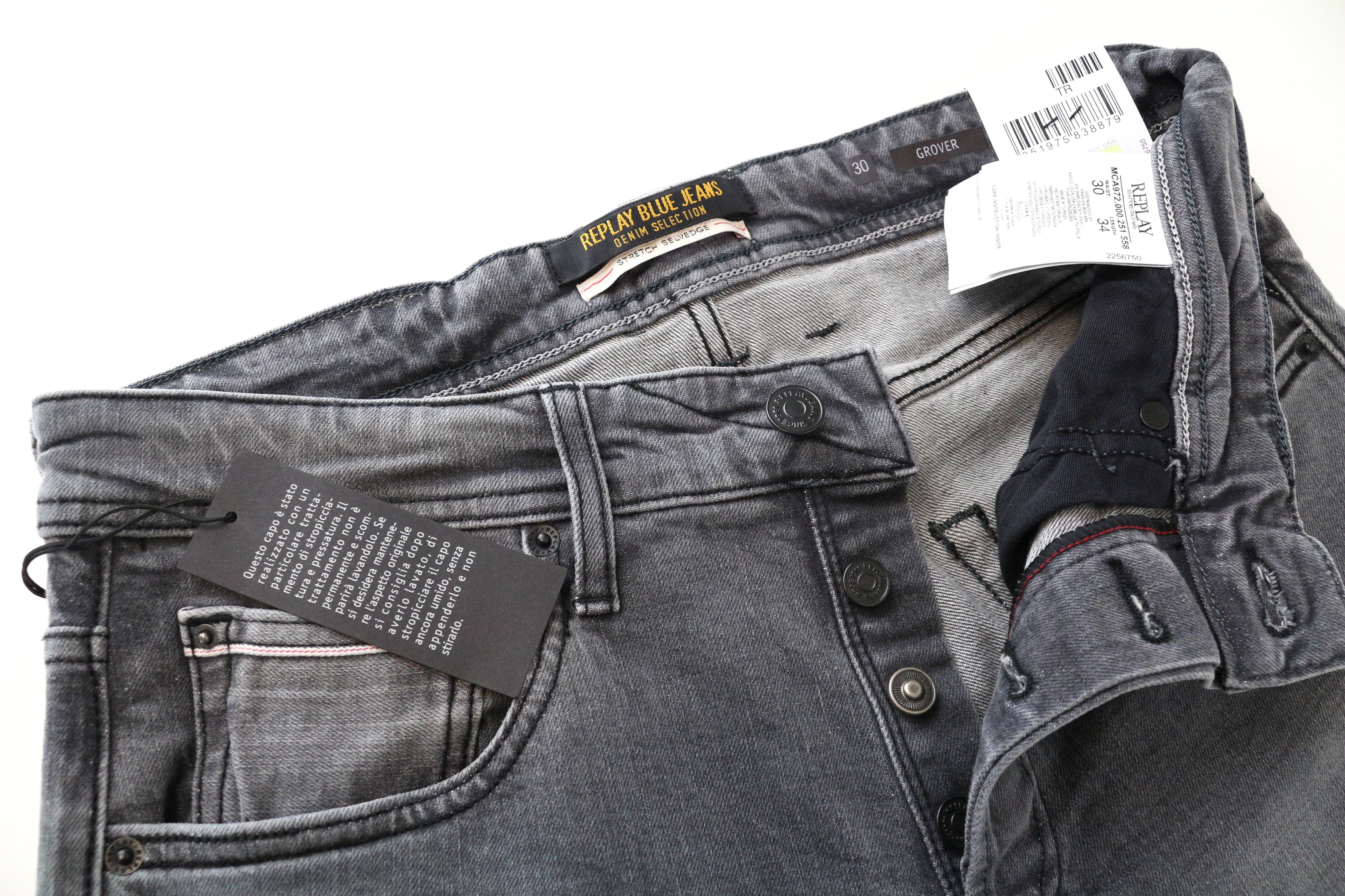 REPLAY Grover Men Jeans W30/L34 Selvedge Straight Grey Cotton Stretch Washed