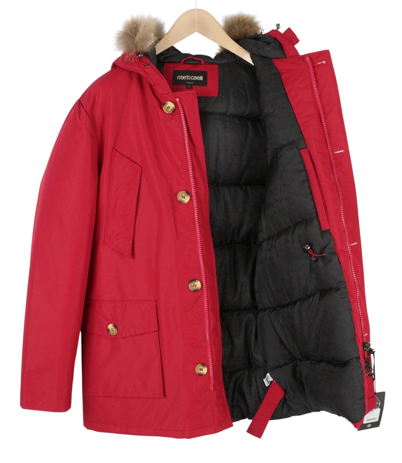 ROBERTO CAVALLI Men Jacket L Red Full Zip Padded Raccoon Fur Hooded Parka RRP560