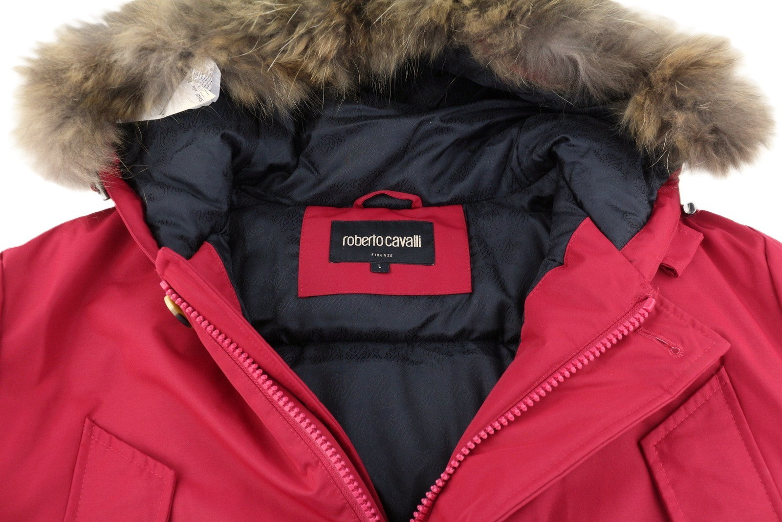 ROBERTO CAVALLI Men Jacket L Red Full Zip Padded Raccoon Fur Hooded Parka RRP560