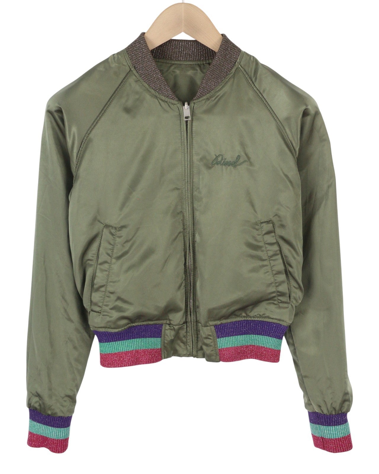 DIESEL Women Jacket XS Green Shiny Reversible Full Zip Lightweight Logo Bomber