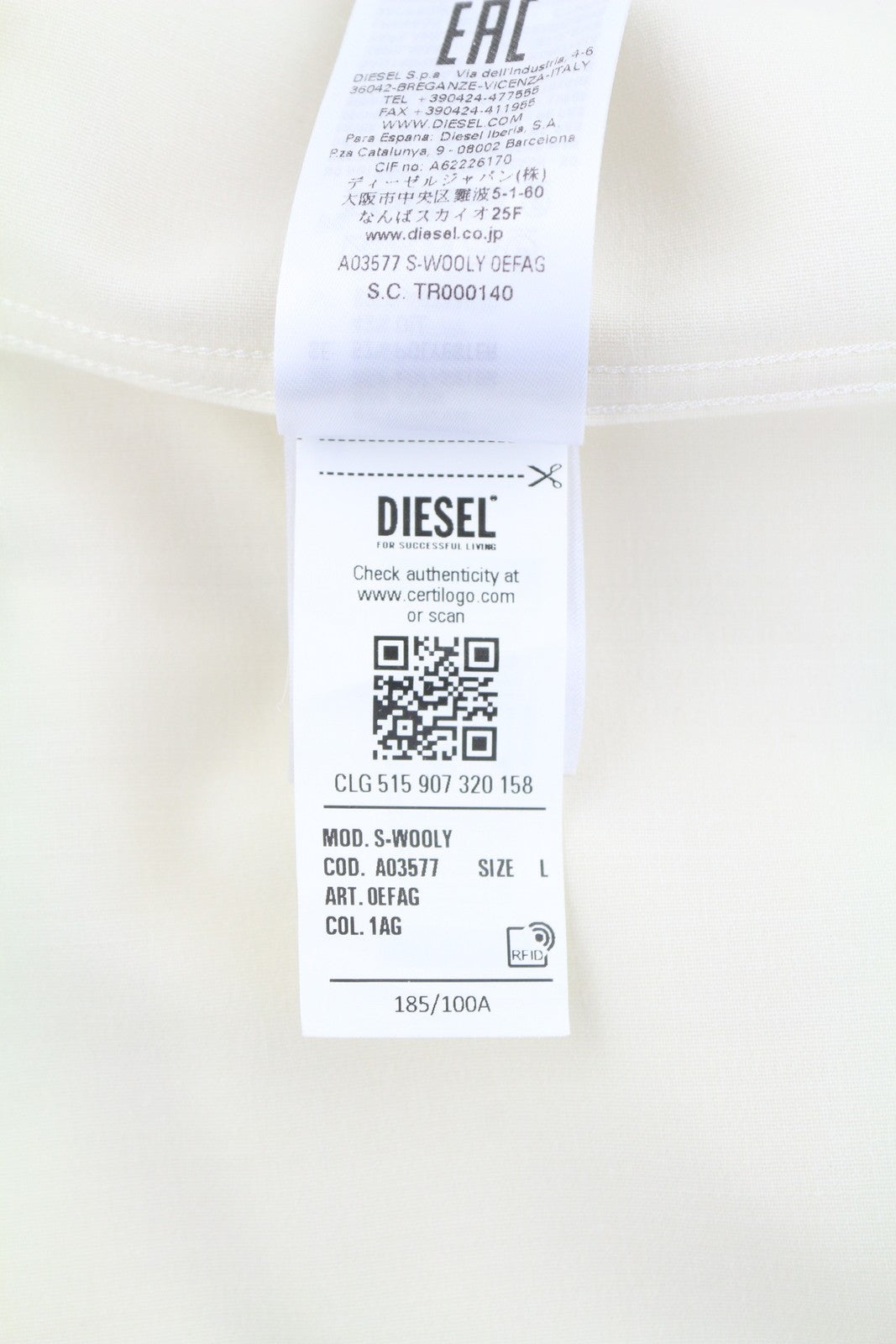 DIESEL S-Wooly Men Shirt L White Wool Blend Notched Neck Button-Up Patch Pocket