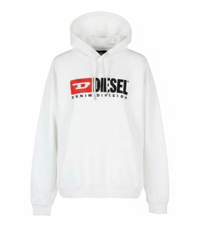 DIESEL Men Hoodie XL White Embroidered Front Logo Hooded Long Sleeve Pullover
