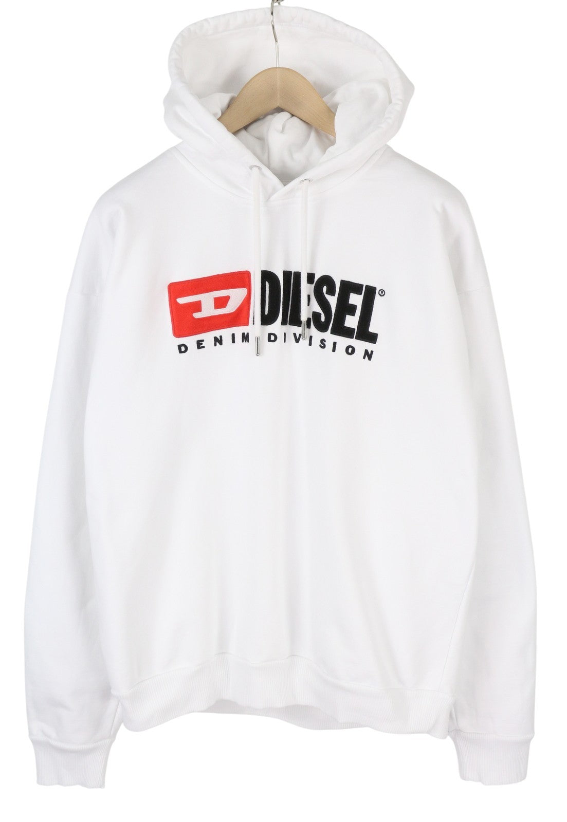 DIESEL Men Hoodie XL White Embroidered Front Logo Hooded Long Sleeve Pullover