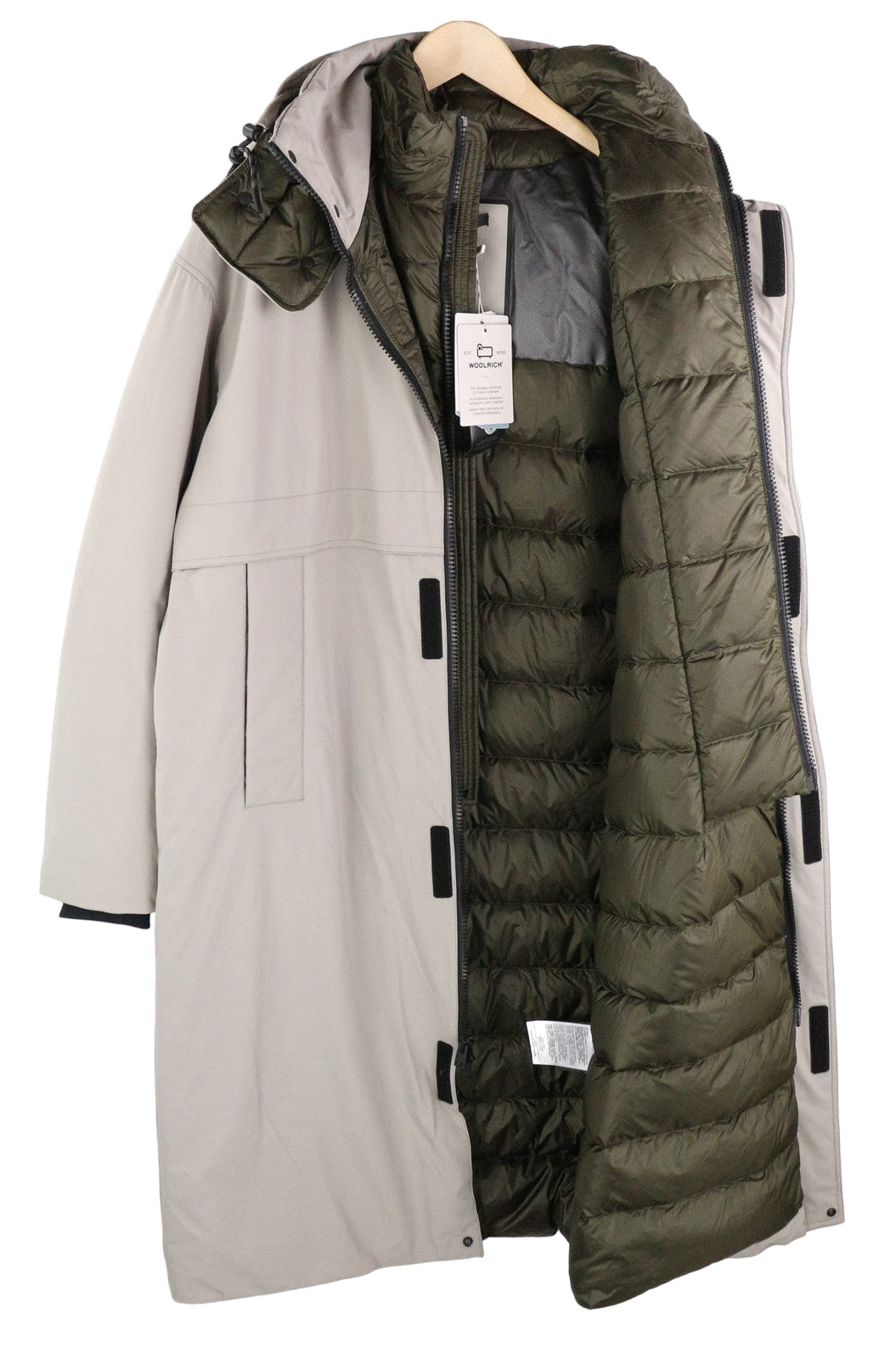 WOOLRICH Men's L Extra Long Hooded Down Jacket Padded Stretch High Neck RRP999