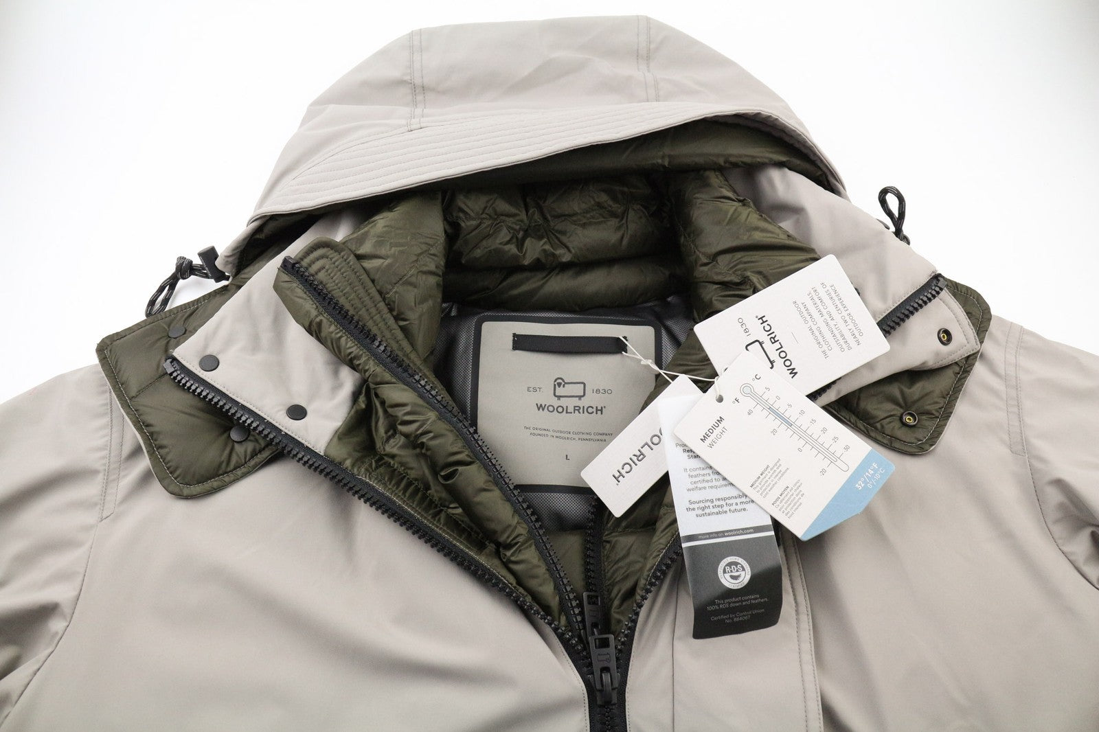 WOOLRICH Men's L Extra Long Hooded Down Jacket Padded Stretch High Neck RRP999